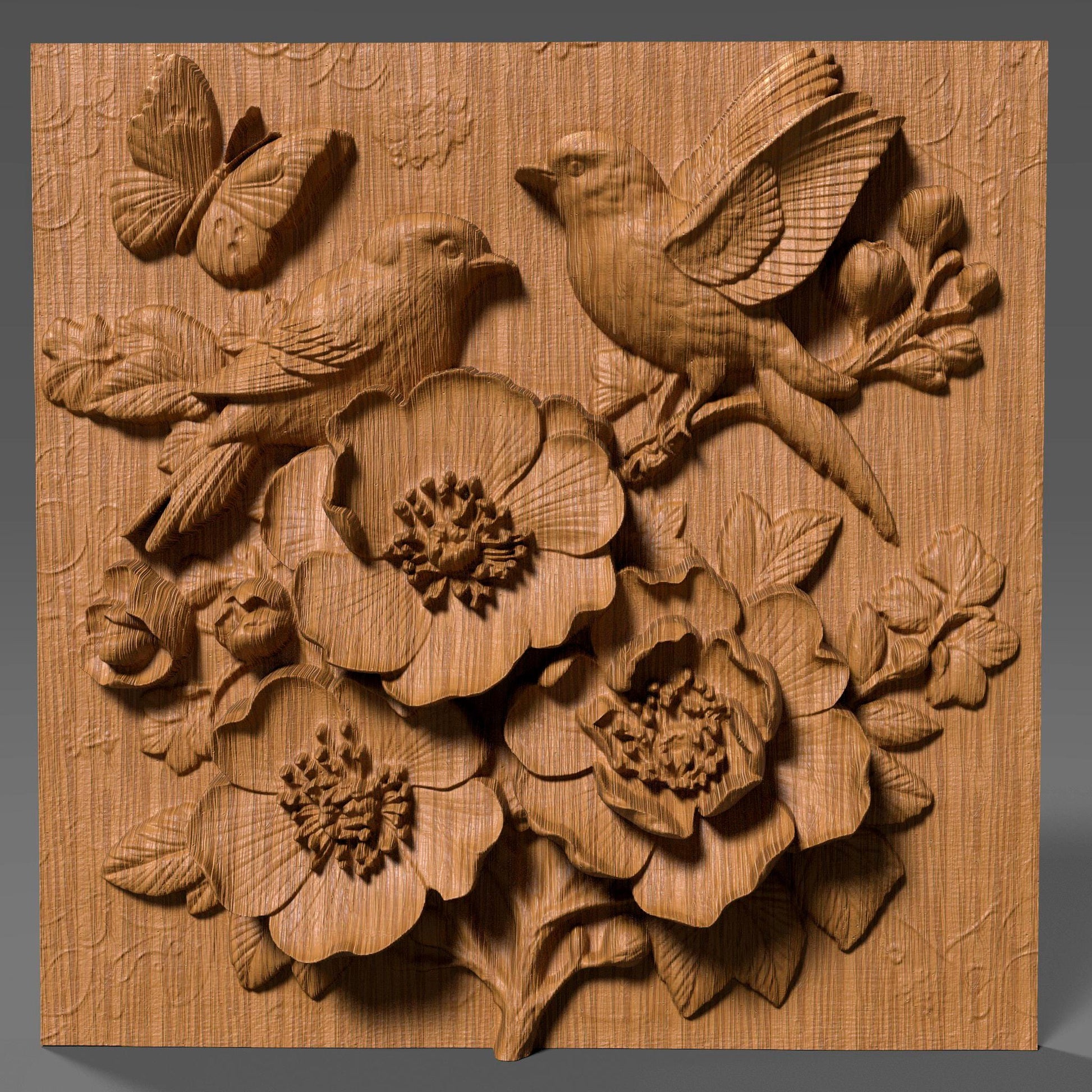 Cherry Blossom Birds 3D Relief STL File: Floral CNC Carving (Digital Download)