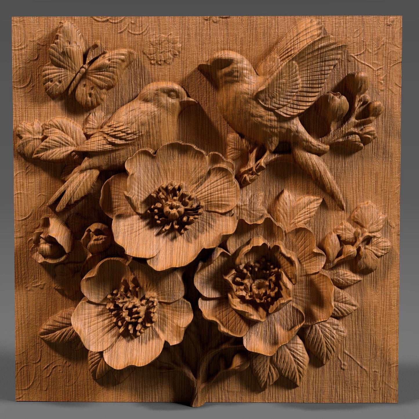Intricate 3D bas relief of two birds resting among blooming cherry blossom flowers, surrounded by detailed leaves and a butterfly, all enclosed in a smooth oval frame. Designed for CNC wood carving, laser engraving, and digital download for nature-inspired home decor