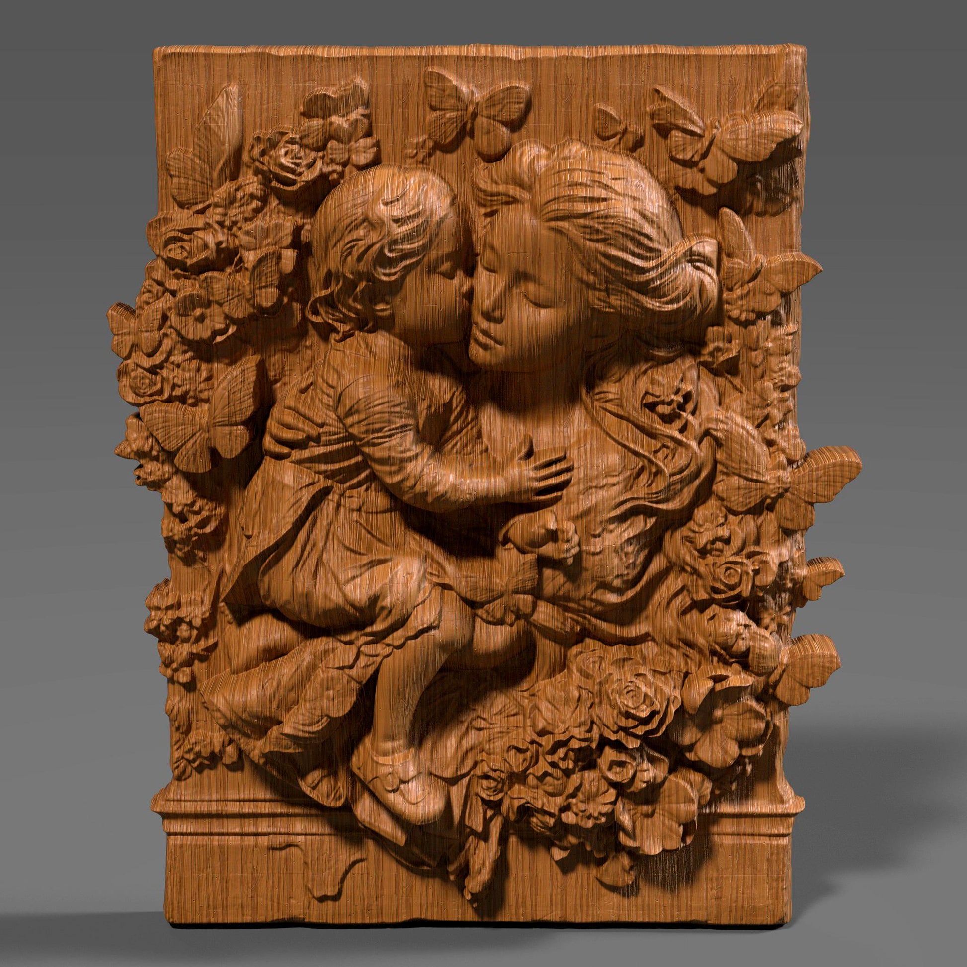 Mother and child 3D relief model showing a tender hug, symbolizing love, peace, and maternal care. Ideal for Mother’s Day gifts or religious decor, this STL digital file is perfect for CNC wood carving, 3D printing, and laser engraving. The design includes floral details and a flowing composition that works well on wood, resin, or stone. Great for wall art, keepsakes, or personalized gifts. A meaningful carving for home decor, religious art lovers, or heartfelt custom projects.
