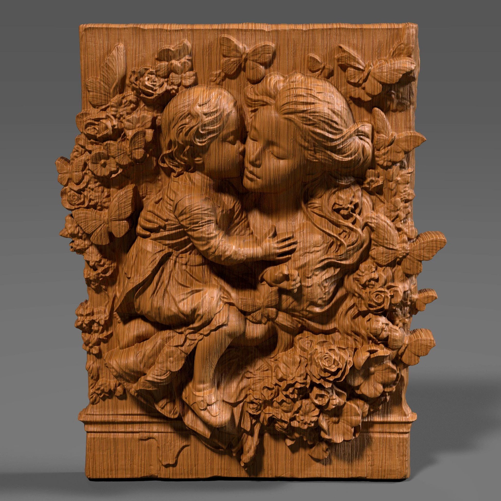 Mother and child 3D relief model showing a tender hug, symbolizing love, peace, and maternal care. Ideal for Mother’s Day gifts or religious decor, this STL digital file is perfect for CNC wood carving, 3D printing, and laser engraving. The design includes floral details and a flowing composition that works well on wood, resin, or stone. Great for wall art, keepsakes, or personalized gifts. A meaningful carving for home decor, religious art lovers, or heartfelt custom projects.