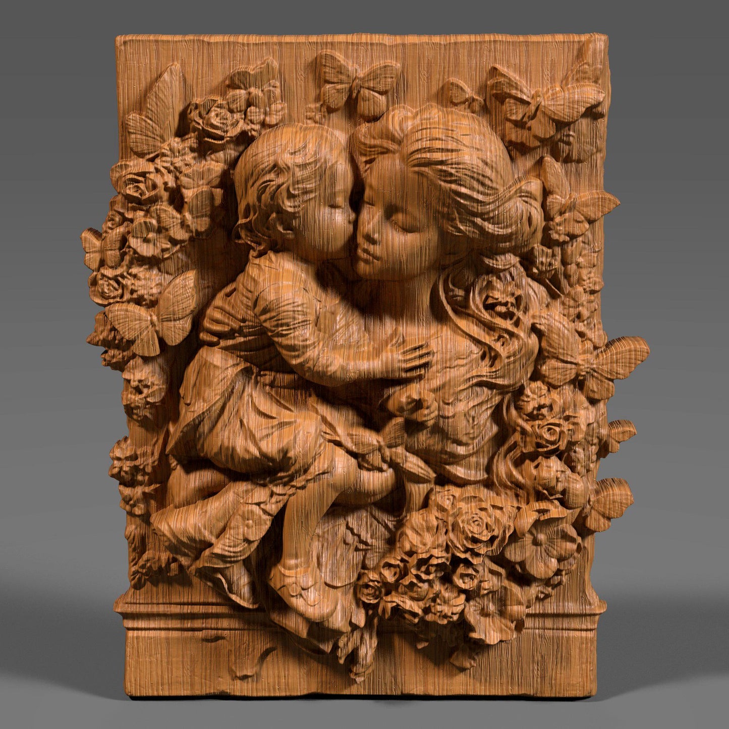 Mother and child 3D relief model showing a tender hug, symbolizing love, peace, and maternal care. Ideal for Mother’s Day gifts or religious decor, this STL digital file is perfect for CNC wood carving, 3D printing, and laser engraving. The design includes floral details and a flowing composition that works well on wood, resin, or stone. Great for wall art, keepsakes, or personalized gifts. A meaningful carving for home decor, religious art lovers, or heartfelt custom projects.