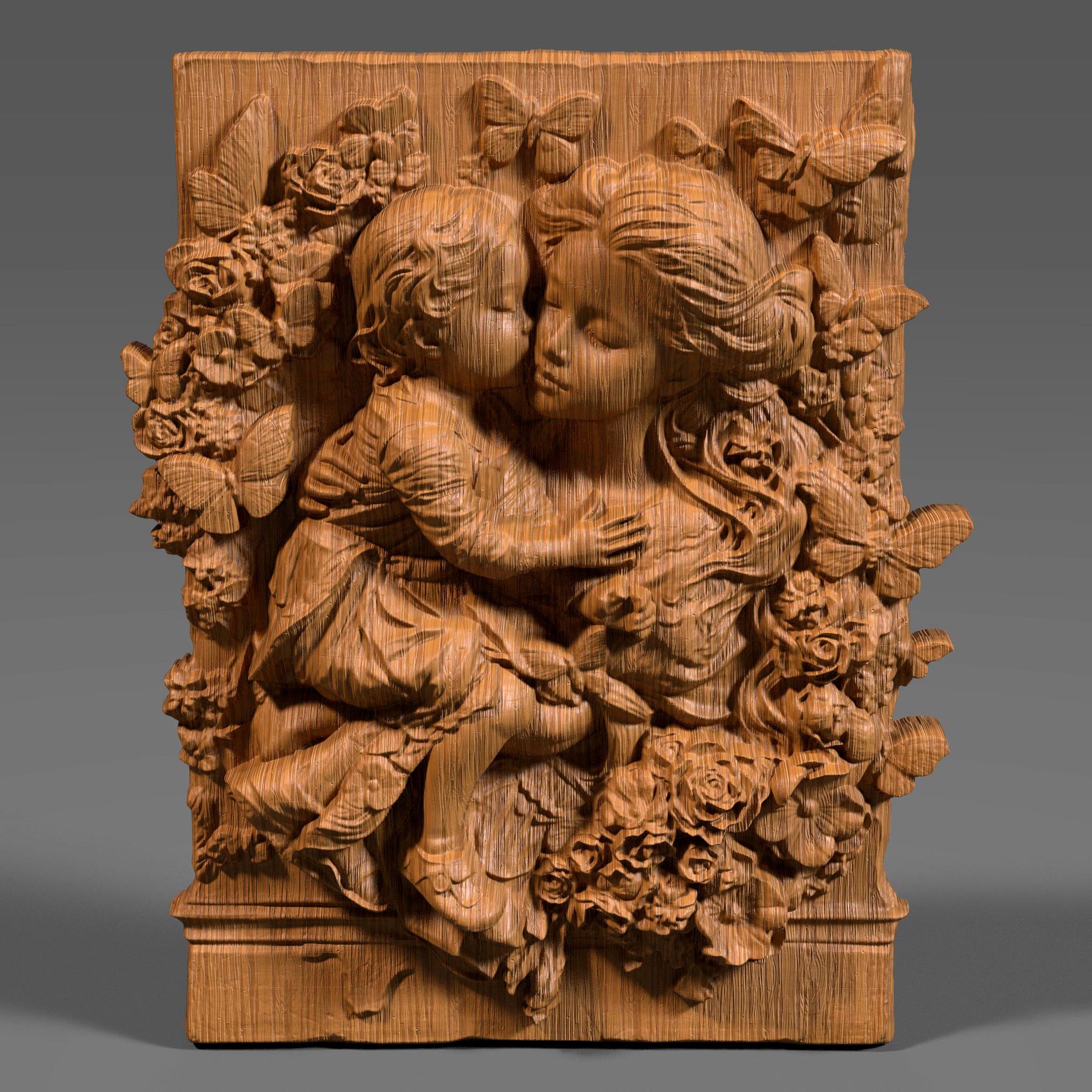 Mother and child 3D relief model showing a tender hug, symbolizing love, peace, and maternal care. Ideal for Mother’s Day gifts or religious decor, this STL digital file is perfect for CNC wood carving, 3D printing, and laser engraving. The design includes floral details and a flowing composition that works well on wood, resin, or stone. Great for wall art, keepsakes, or personalized gifts. A meaningful carving for home decor, religious art lovers, or heartfelt custom projects.