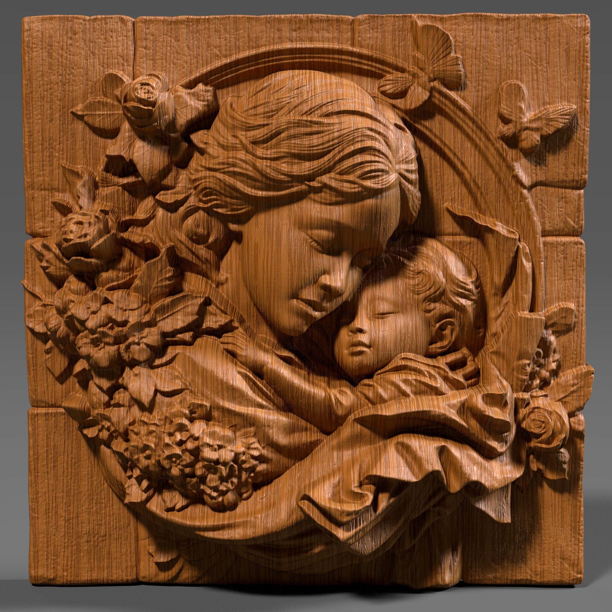Mother and child 3D relief model showing a tender hug, symbolizing love, peace, and maternal care. Ideal for Mother’s Day gifts or religious decor, this STL digital file is perfect for CNC wood carving, 3D printing, and laser engraving. The design includes floral details and a flowing composition that works well on wood, resin, or stone. Great for wall art, keepsakes, or personalized gifts. A meaningful carving for home decor, religious art lovers, or heartfelt custom projects.