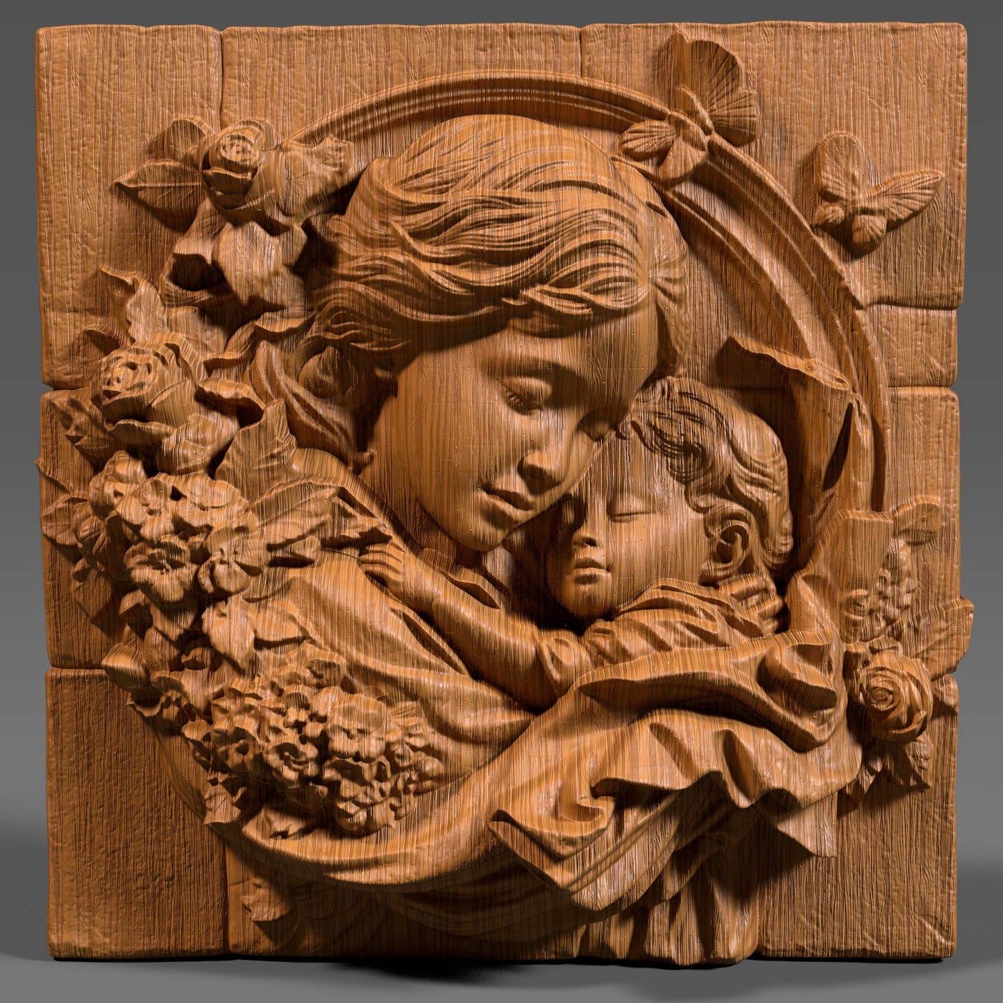 Mother and child 3D relief model showing a tender hug, symbolizing love, peace, and maternal care. Ideal for Mother’s Day gifts or religious decor, this STL digital file is perfect for CNC wood carving, 3D printing, and laser engraving. The design includes floral details and a flowing composition that works well on wood, resin, or stone. Great for wall art, keepsakes, or personalized gifts. A meaningful carving for home decor, religious art lovers, or heartfelt custom projects.