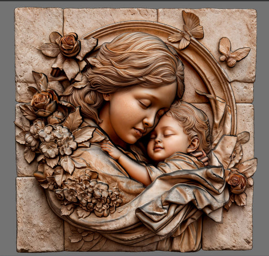 Mother and child 3D relief model showing a tender hug, symbolizing love, peace, and maternal care. Ideal for Mother’s Day gifts or religious decor, this STL digital file is perfect for CNC wood carving, 3D printing, and laser engraving. The design includes floral details and a flowing composition that works well on wood, resin, or stone. Great for wall art, keepsakes, or personalized gifts. A meaningful carving for home decor, religious art lovers, or heartfelt custom projects.
