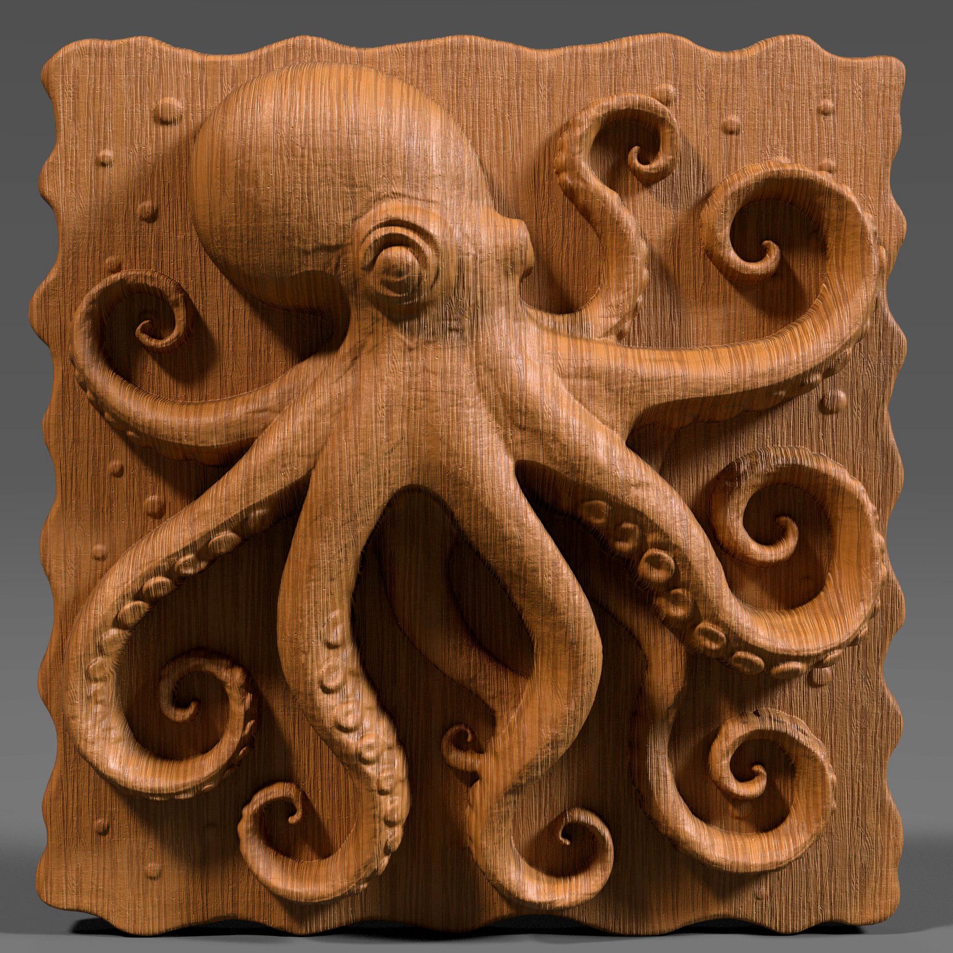 High-detail 3D STL model of an octopus in bas relief, featuring curled tentacles and a textured underwater design. Ideal for 3D printing, CNC wood carving, or laser engraving. Perfect for marine-themed wall art, nautical gifts, or ocean-inspired decor. This digital file is suitable for use with wood, acrylic, resin, and other engravable materials. Download and craft ocean life into your next project.