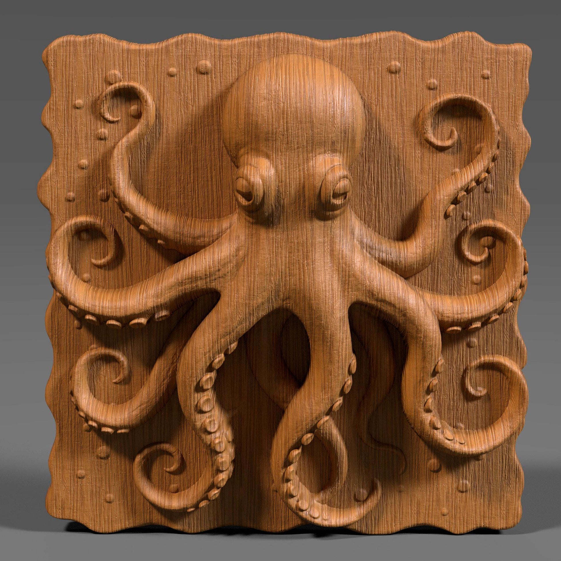 High-detail 3D STL model of an octopus in bas relief, featuring curled tentacles and a textured underwater design. Ideal for 3D printing, CNC wood carving, or laser engraving. Perfect for marine-themed wall art, nautical gifts, or ocean-inspired decor. This digital file is suitable for use with wood, acrylic, resin, and other engravable materials. Download and craft ocean life into your next project.