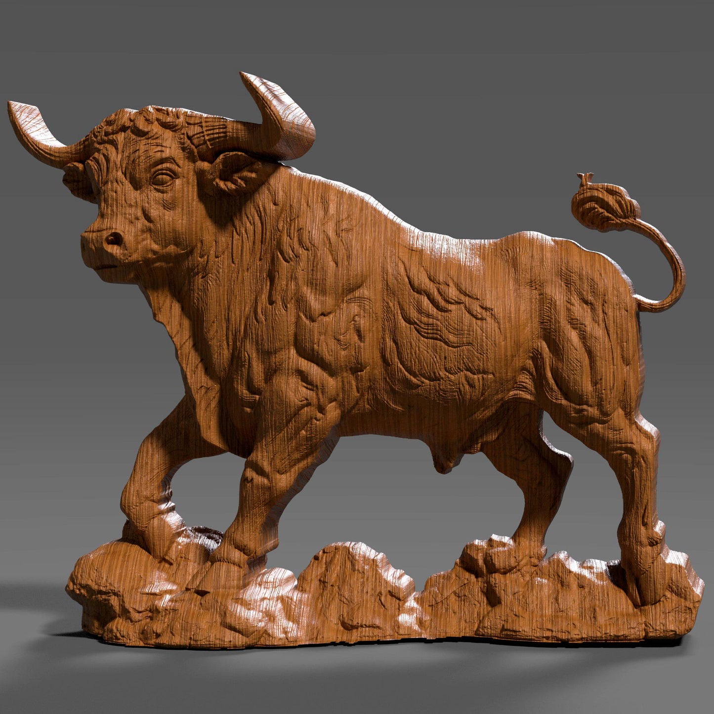 Highly detailed 3D STL bas relief of a powerful Taurus bull in a dynamic charging pose, designed for CNC carving, 3D printing, and laser engraving. The muscular form, textured surface, and strong stance make it ideal for Zodiac-themed wall decor, astrology gifts, or strength-inspired sculptures. Suitable for digital download and use with wood, resin, stone, or acrylic materials.