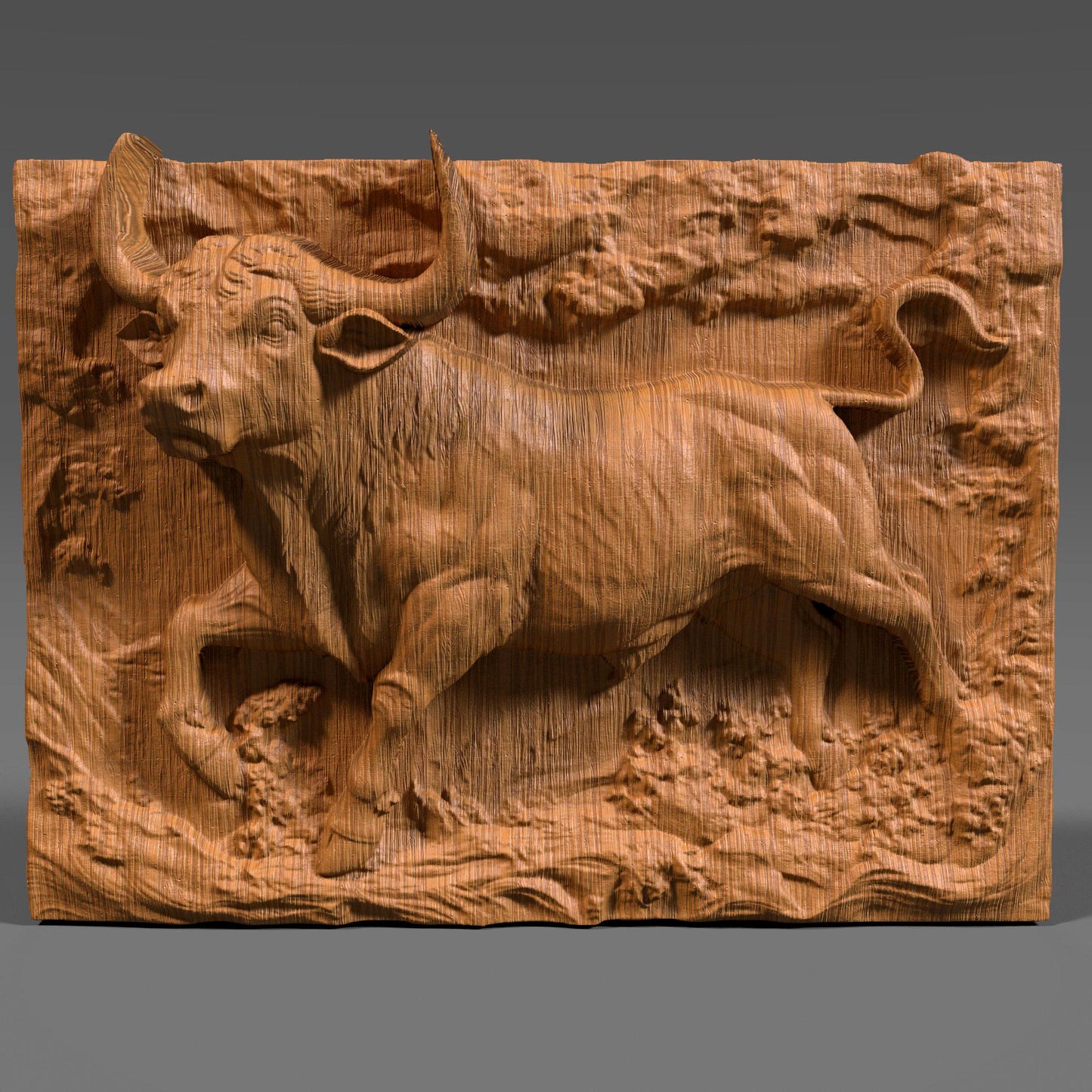Highly detailed 3D STL bas relief of a powerful Taurus bull in a dynamic charging pose, designed for CNC carving, 3D printing, and laser engraving. The muscular form, textured surface, and strong stance make it ideal for Zodiac-themed wall decor, astrology gifts, or strength-inspired sculptures. Suitable for digital download and use with wood, resin, stone, or acrylic materials.