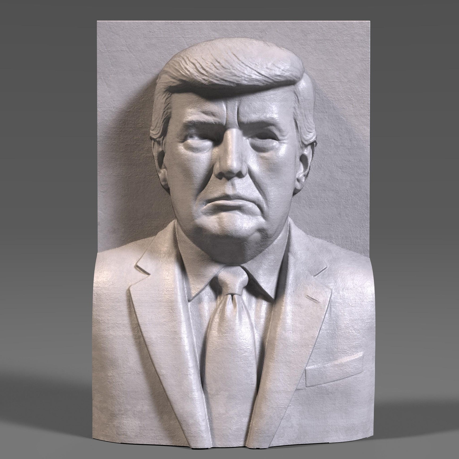 Detailed 3D STL bas relief of Donald Trump in a formal suit and tie, designed for CNC wood carving, 3D printing, and laser engraving. This presidential bust panel captures realistic features and expression, making it ideal for patriotic decor, political collections, or commemorative artwork. Suitable for use with wood, stone, or resin materials.