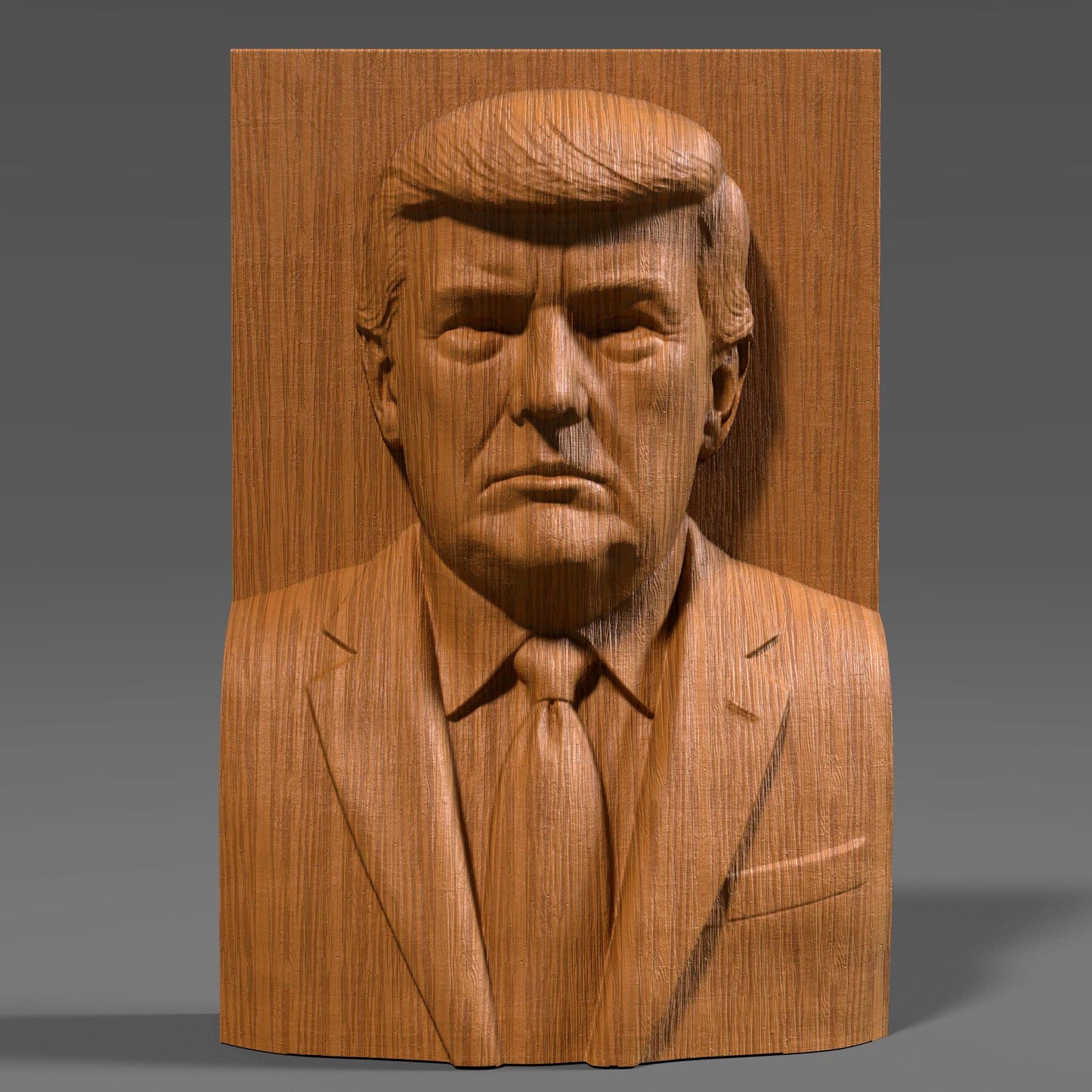 Detailed 3D STL bas relief of Donald Trump in a formal suit and tie, designed for CNC wood carving, 3D printing, and laser engraving. This presidential bust panel captures realistic features and expression, making it ideal for patriotic decor, political collections, or commemorative artwork. Suitable for use with wood, stone, or resin materials.