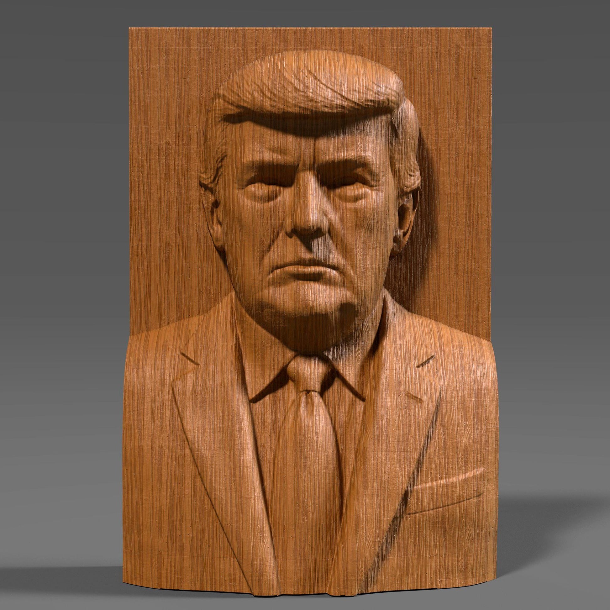 Detailed 3D STL bas relief of Donald Trump in a formal suit and tie, designed for CNC wood carving, 3D printing, and laser engraving. This presidential bust panel captures realistic features and expression, making it ideal for patriotic decor, political collections, or commemorative artwork. Suitable for use with wood, stone, or resin materials.