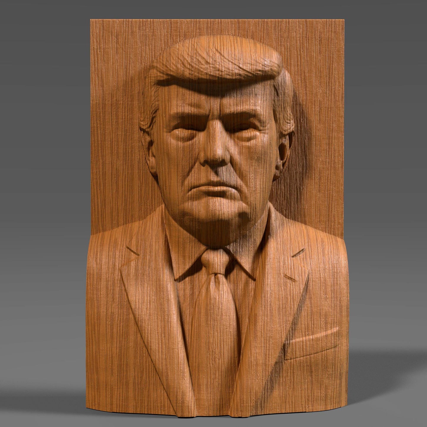 Detailed 3D STL bas relief of Donald Trump in a formal suit and tie, designed for CNC wood carving, 3D printing, and laser engraving. This presidential bust panel captures realistic features and expression, making it ideal for patriotic decor, political collections, or commemorative artwork. Suitable for use with wood, stone, or resin materials.