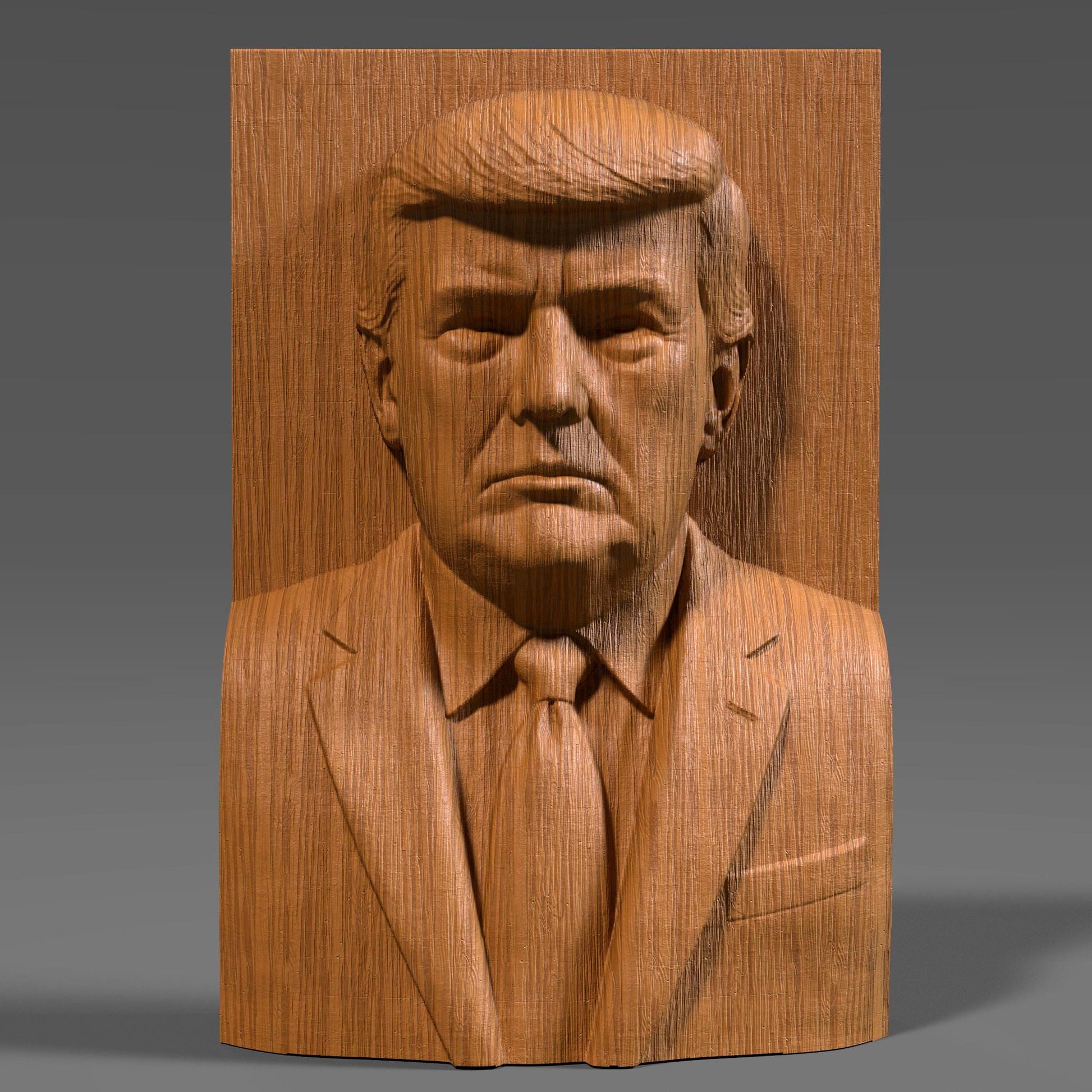 Detailed 3D STL bas relief of Donald Trump in a formal suit and tie, designed for CNC wood carving, 3D printing, and laser engraving. This presidential bust panel captures realistic features and expression, making it ideal for patriotic decor, political collections, or commemorative artwork. Suitable for use with wood, stone, or resin materials.