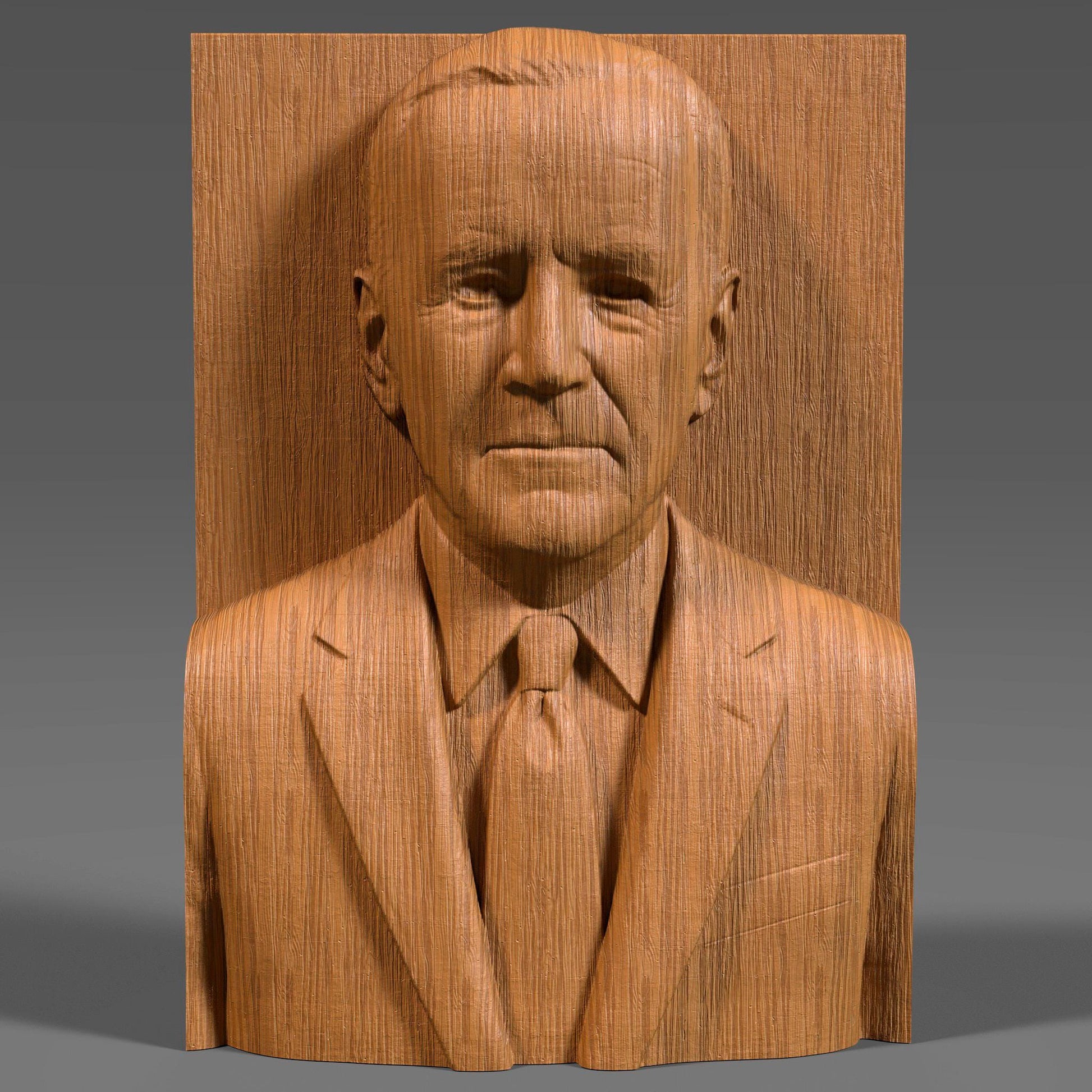 3D STL bas relief of President Joe Biden in a suit and tie, captured with realistic expression and detail. Designed for CNC carving, laser engraving, and 3D printing, this portrait sculpture is ideal for political collectors, patriotic displays, and educational or historical wall art. Works with wood, resin, stone, and acrylic surfaces.
