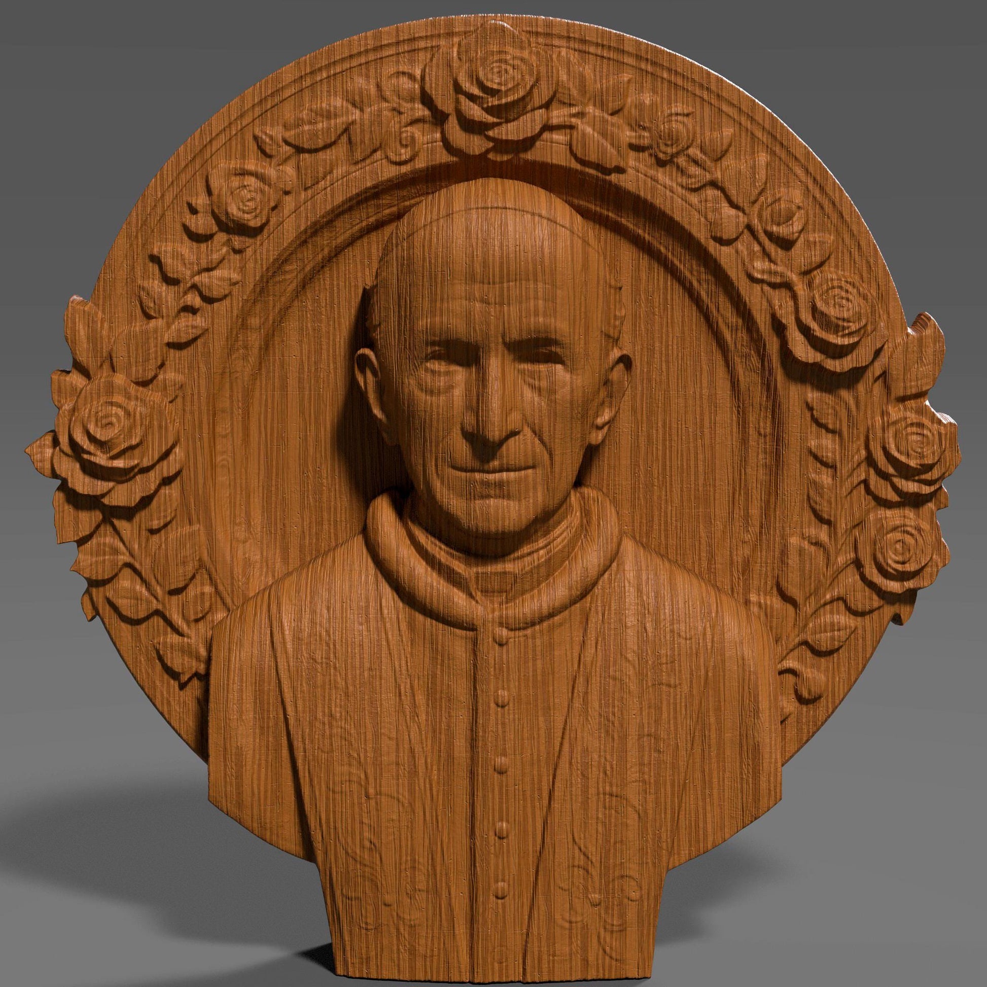 Highly detailed 3D STL bas relief of Pope Leo XIII in religious vestments, surrounded by a floral halo frame. Ideal for CNC wood carving, laser engraving, and 3D printing. This Catholic spiritual design is perfect for sacred decor, altarpieces, or commemorative church gifts. Suitable for carving in wood, stone, resin, or acrylic. Ready for instant digital download.