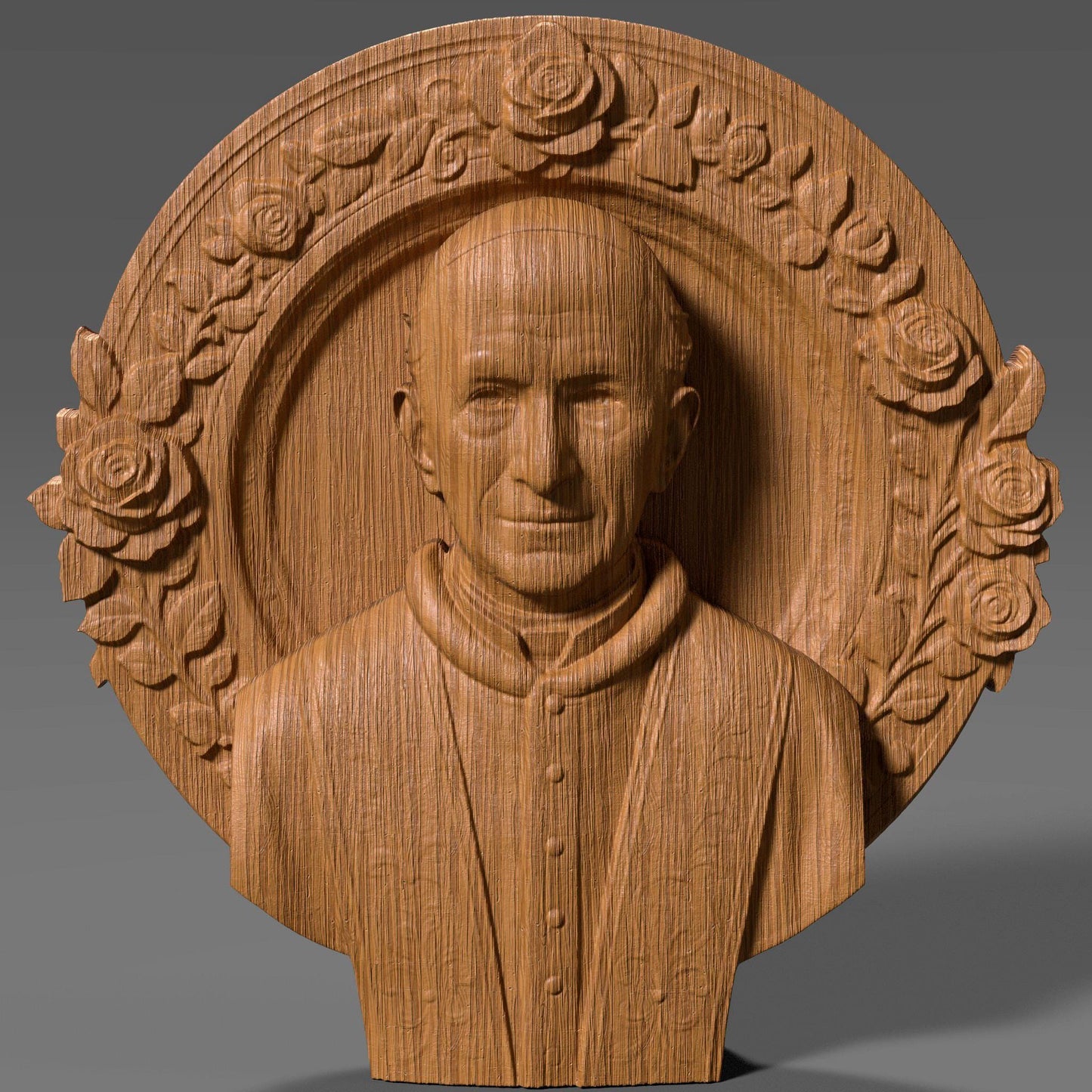 Highly detailed 3D STL bas relief of Pope Leo XIII in religious vestments, surrounded by a floral halo frame. Ideal for CNC wood carving, laser engraving, and 3D printing. This Catholic spiritual design is perfect for sacred decor, altarpieces, or commemorative church gifts. Suitable for carving in wood, stone, resin, or acrylic. Ready for instant digital download.