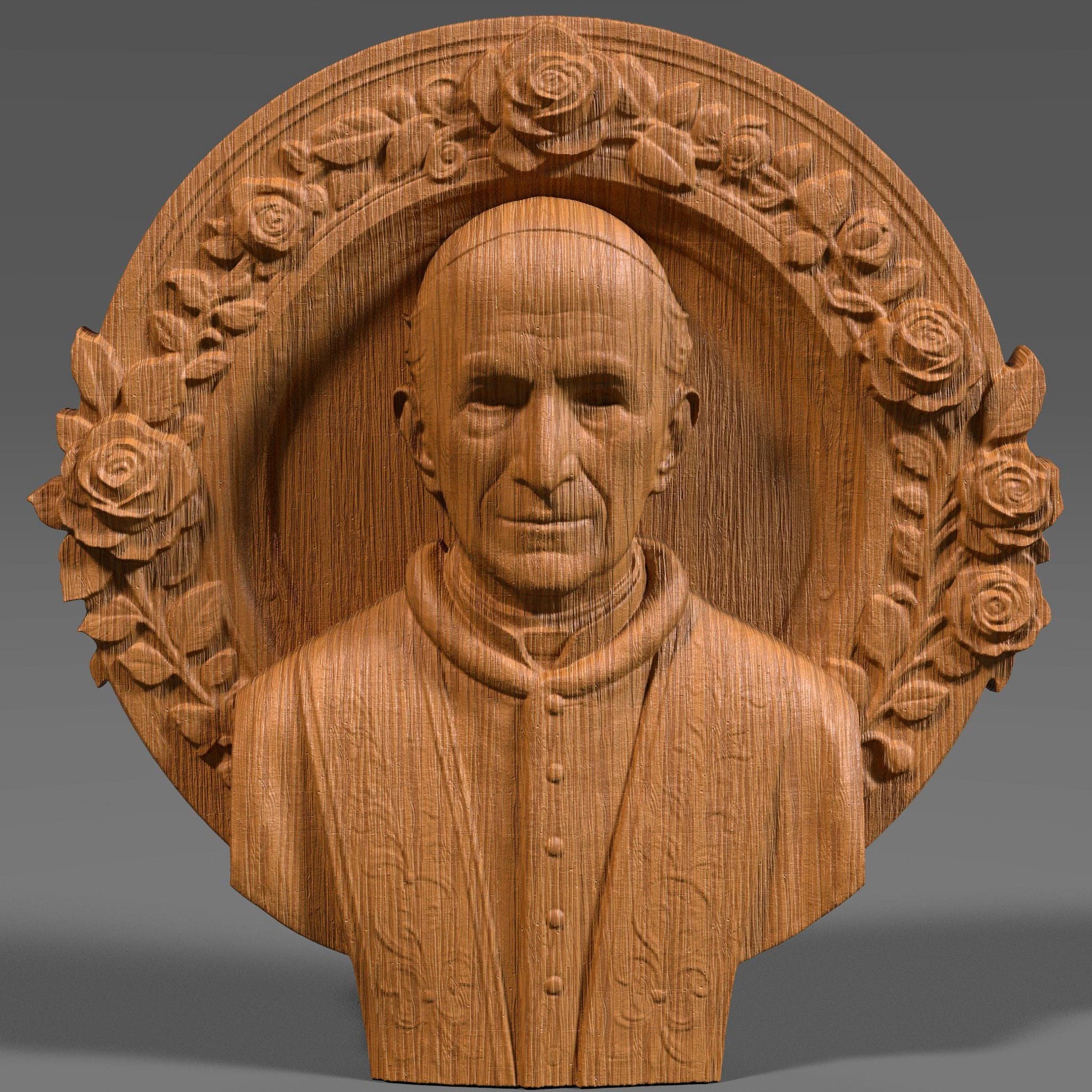 Highly detailed 3D STL bas relief of Pope Leo XIII in religious vestments, surrounded by a floral halo frame. Ideal for CNC wood carving, laser engraving, and 3D printing. This Catholic spiritual design is perfect for sacred decor, altarpieces, or commemorative church gifts. Suitable for carving in wood, stone, resin, or acrylic. Ready for instant digital download.