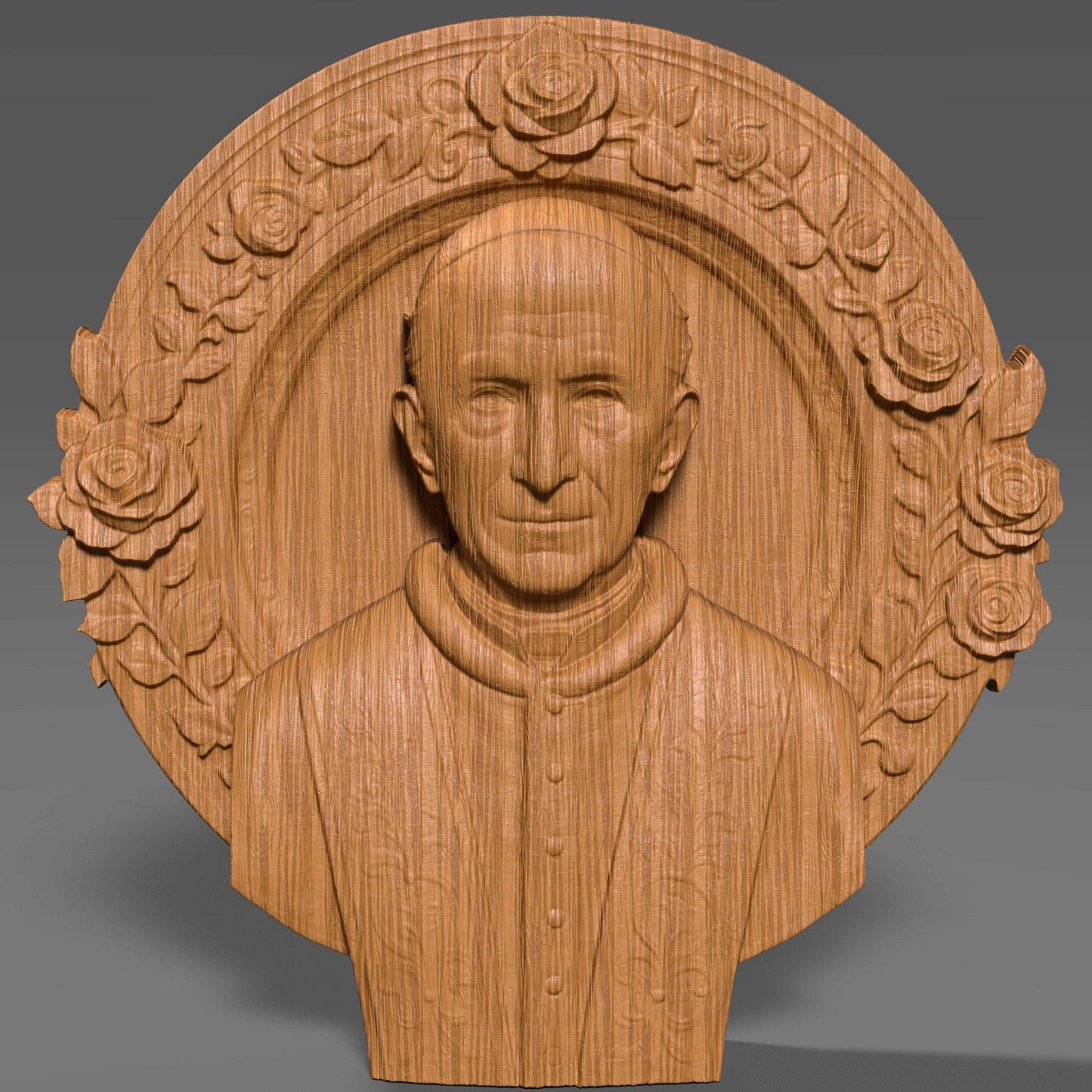 Highly detailed 3D STL bas relief of Pope Leo XIII in religious vestments, surrounded by a floral halo frame. Ideal for CNC wood carving, laser engraving, and 3D printing. This Catholic spiritual design is perfect for sacred decor, altarpieces, or commemorative church gifts. Suitable for carving in wood, stone, resin, or acrylic. Ready for instant digital download.