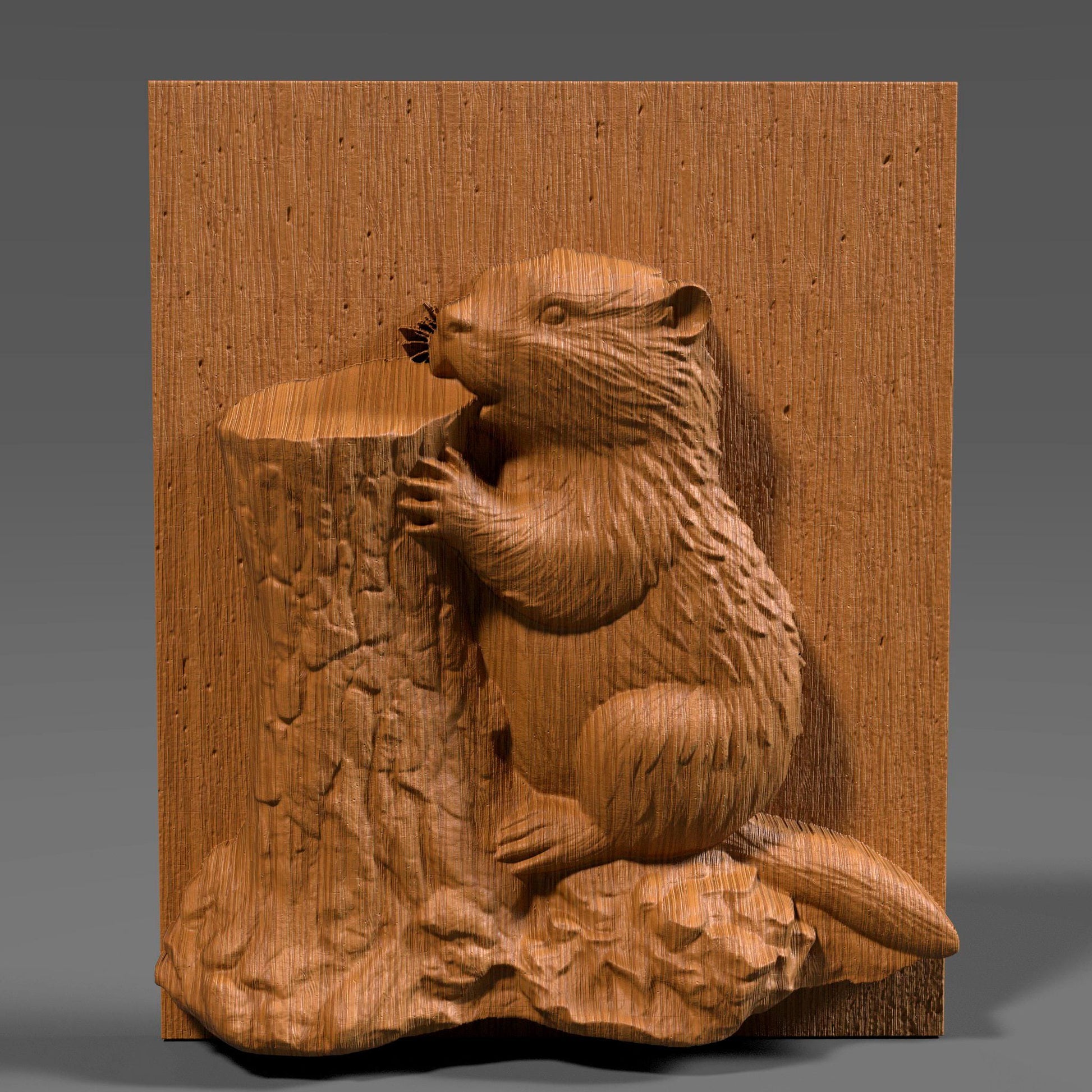 3D STL bas relief of a Canadian beaver chewing on a tree stump, designed for CNC carving, 3D printing, and laser engraving. As the national animal of Canada, the beaver is a proud symbol of resilience and heritage. Ideal for rustic wall art, patriotic gifts, and wildlife-themed decor. Suitable for wood, resin, or stone projects.