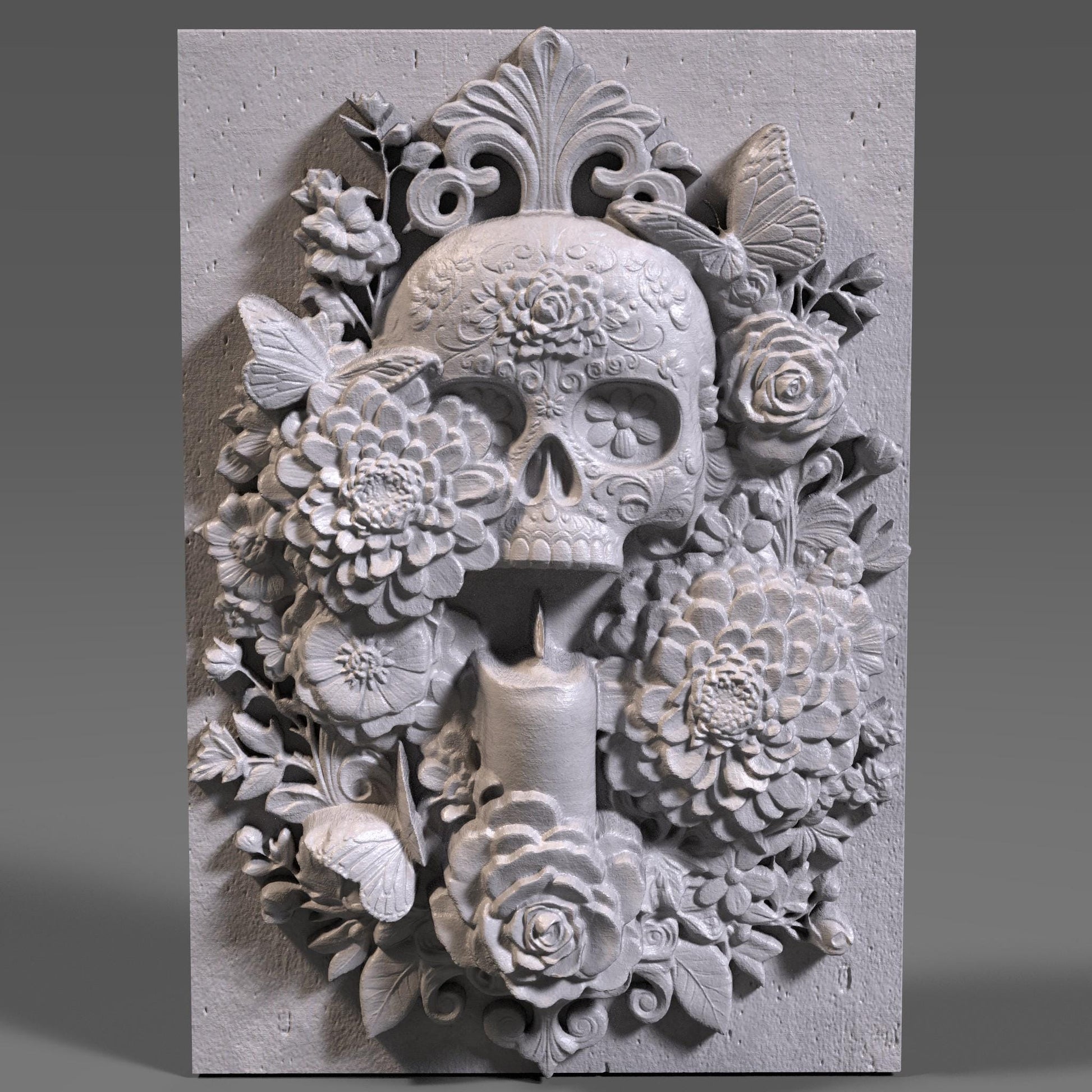 3D STL bas relief of a sugar skull surrounded by detailed flowers, a candle, and butterflies. Inspired by Día de los Muertos traditions, this artwork is ideal for CNC carving, laser engraving, and 3D printing. Perfect for altars, memorials, or themed wall art. Designed for wood, resin, or acrylic material. A vibrant and spiritual piece celebrating life and remembrance.