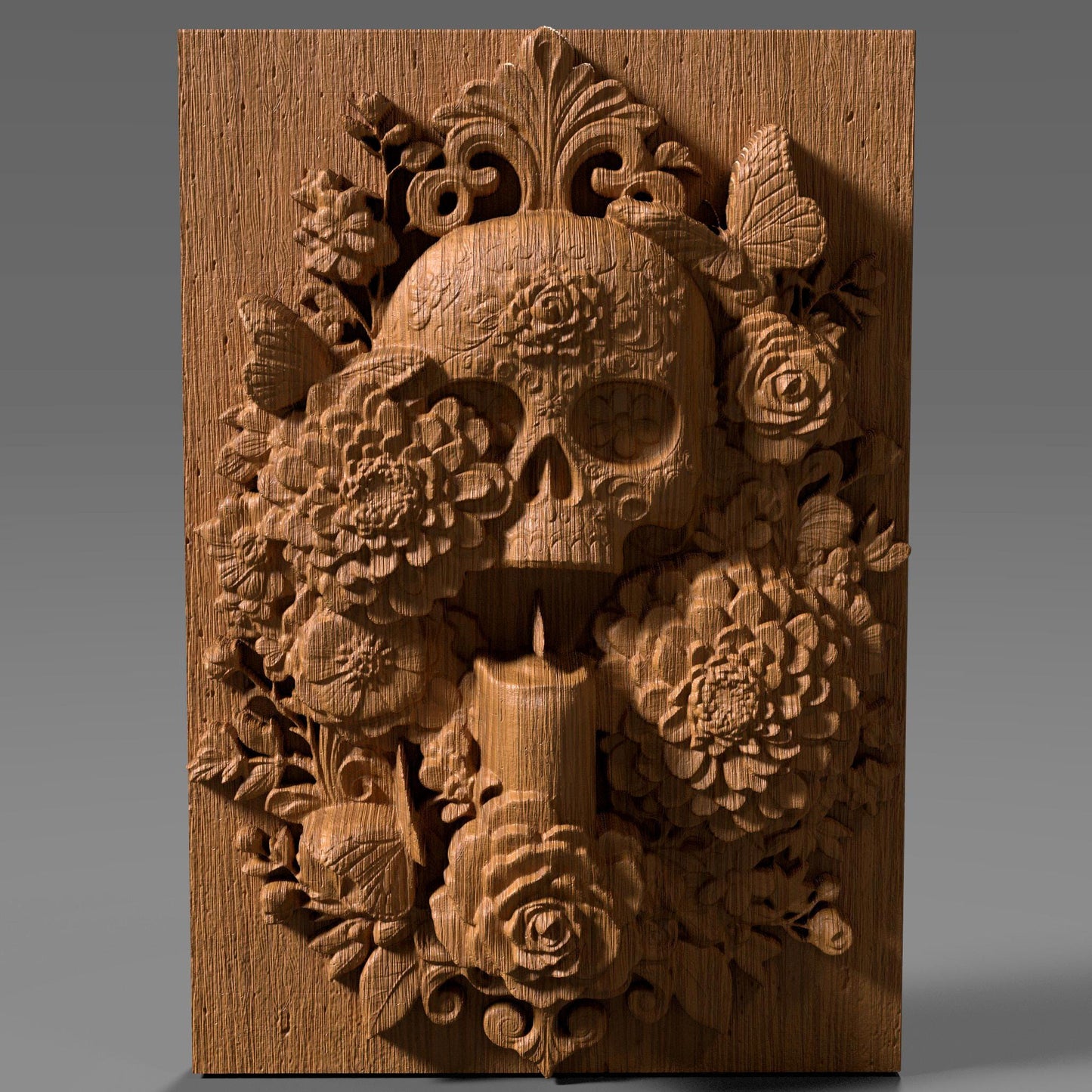 3D STL bas relief of a sugar skull surrounded by detailed flowers, a candle, and butterflies. Inspired by Día de los Muertos traditions, this artwork is ideal for CNC carving, laser engraving, and 3D printing. Perfect for altars, memorials, or themed wall art. Designed for wood, resin, or acrylic material. A vibrant and spiritual piece celebrating life and remembrance.