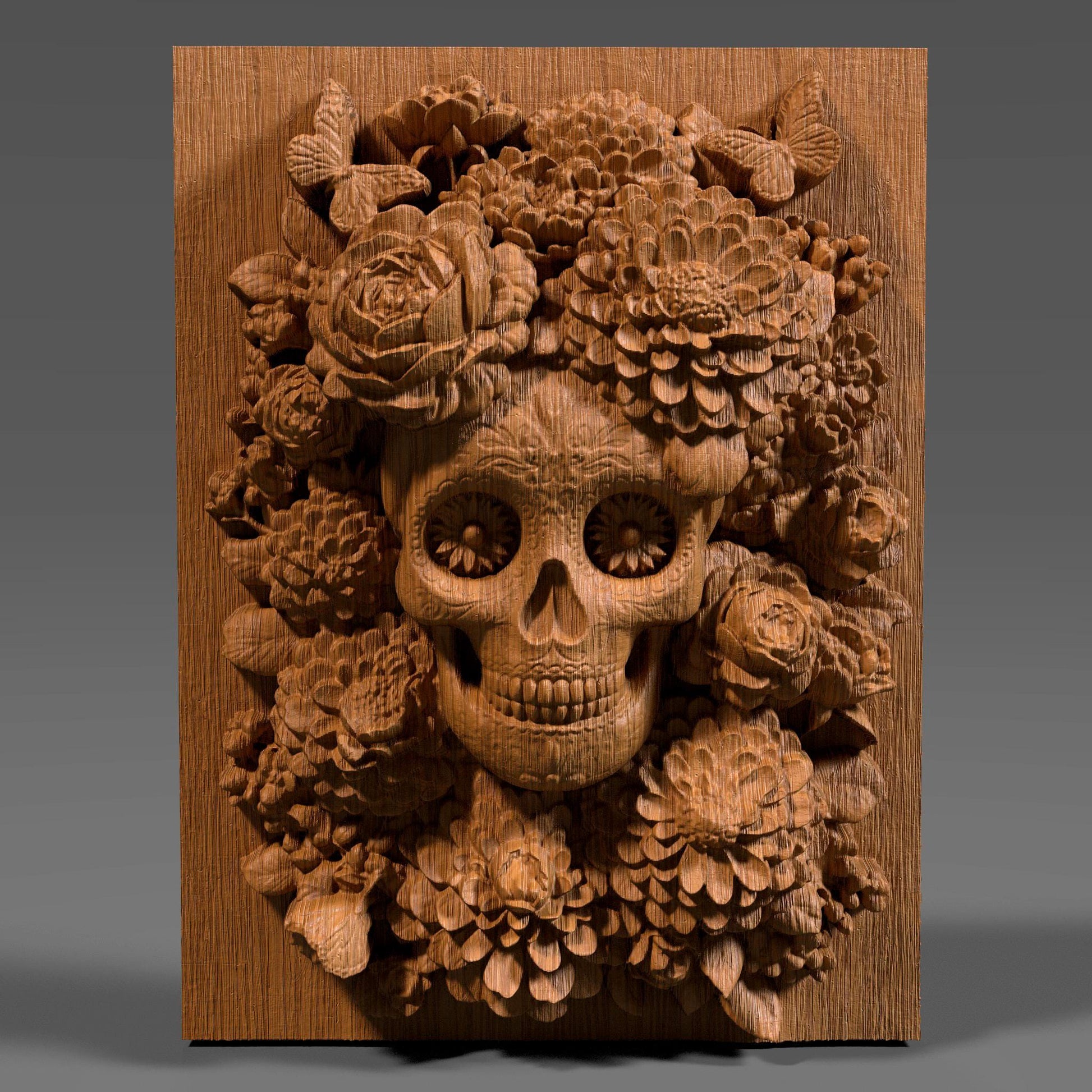 3D STL bas relief of a sugar skull surrounded by detailed flowers, a candle, and butterflies. Inspired by Día de los Muertos traditions, this artwork is ideal for CNC carving, laser engraving, and 3D printing. Perfect for altars, memorials, or themed wall art. Designed for wood, resin, or acrylic material. A vibrant and spiritual piece celebrating life and remembrance.
