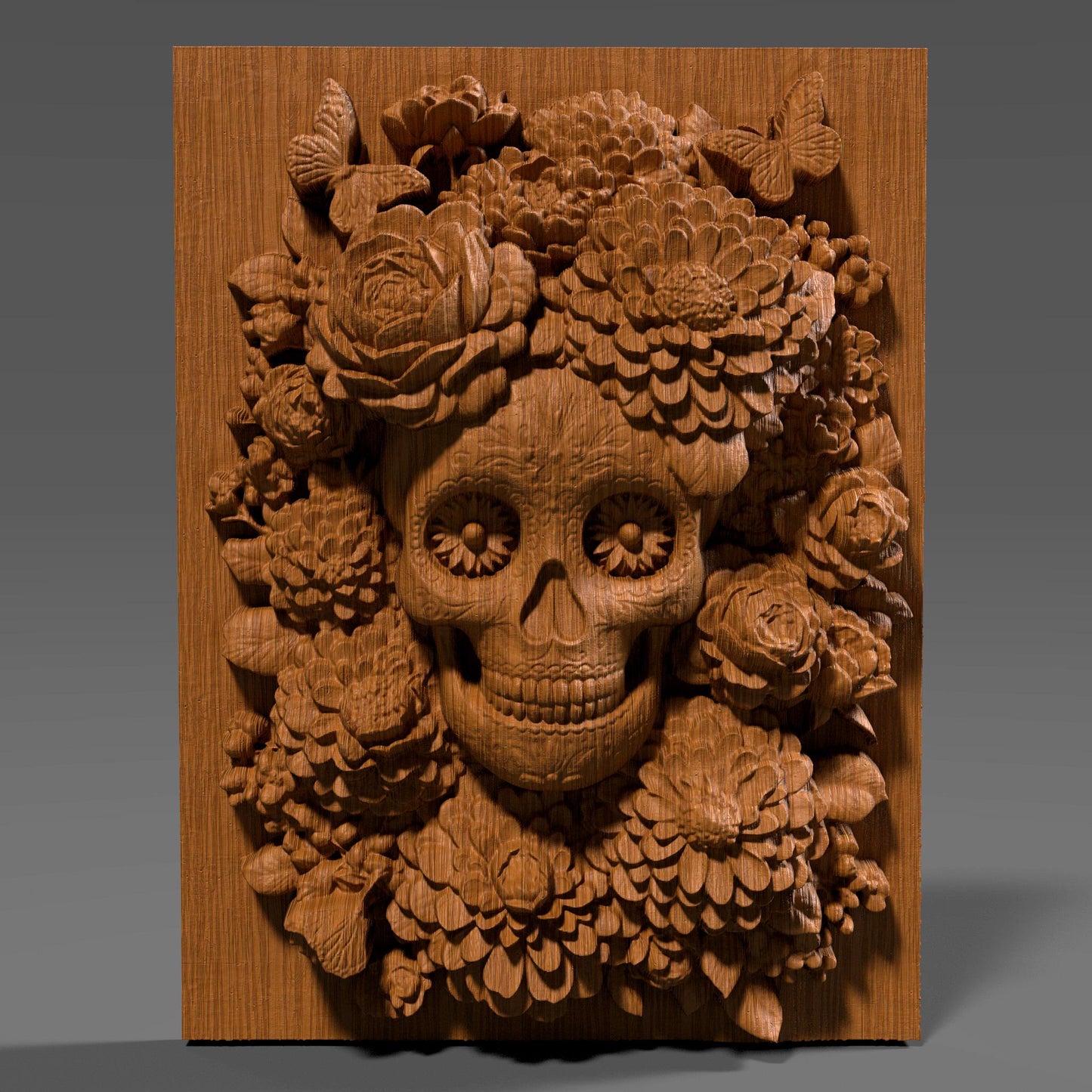 3D STL bas relief of a sugar skull surrounded by detailed flowers, a candle, and butterflies. Inspired by Día de los Muertos traditions, this artwork is ideal for CNC carving, laser engraving, and 3D printing. Perfect for altars, memorials, or themed wall art. Designed for wood, resin, or acrylic material. A vibrant and spiritual piece celebrating life and remembrance.