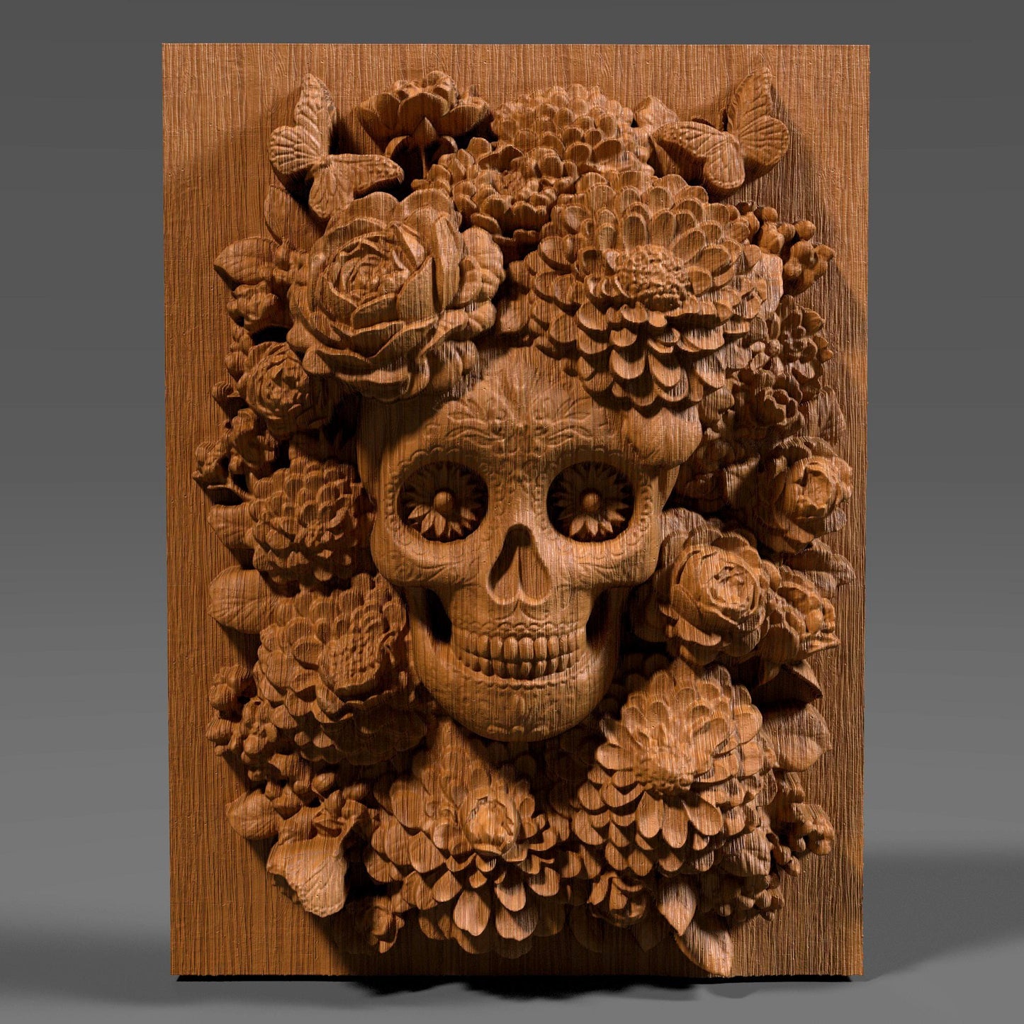 3D STL bas relief of a sugar skull surrounded by detailed flowers, a candle, and butterflies. Inspired by Día de los Muertos traditions, this artwork is ideal for CNC carving, laser engraving, and 3D printing. Perfect for altars, memorials, or themed wall art. Designed for wood, resin, or acrylic material. A vibrant and spiritual piece celebrating life and remembrance.