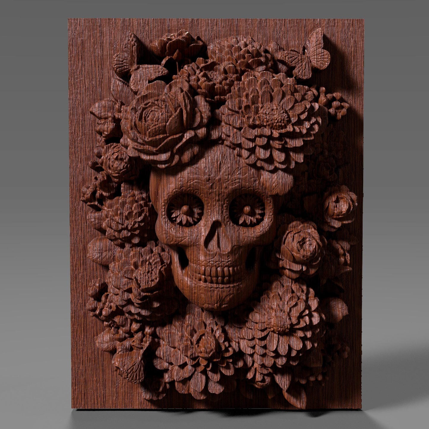 3D STL bas relief of a sugar skull surrounded by detailed flowers, a candle, and butterflies. Inspired by Día de los Muertos traditions, this artwork is ideal for CNC carving, laser engraving, and 3D printing. Perfect for altars, memorials, or themed wall art. Designed for wood, resin, or acrylic material. A vibrant and spiritual piece celebrating life and remembrance.