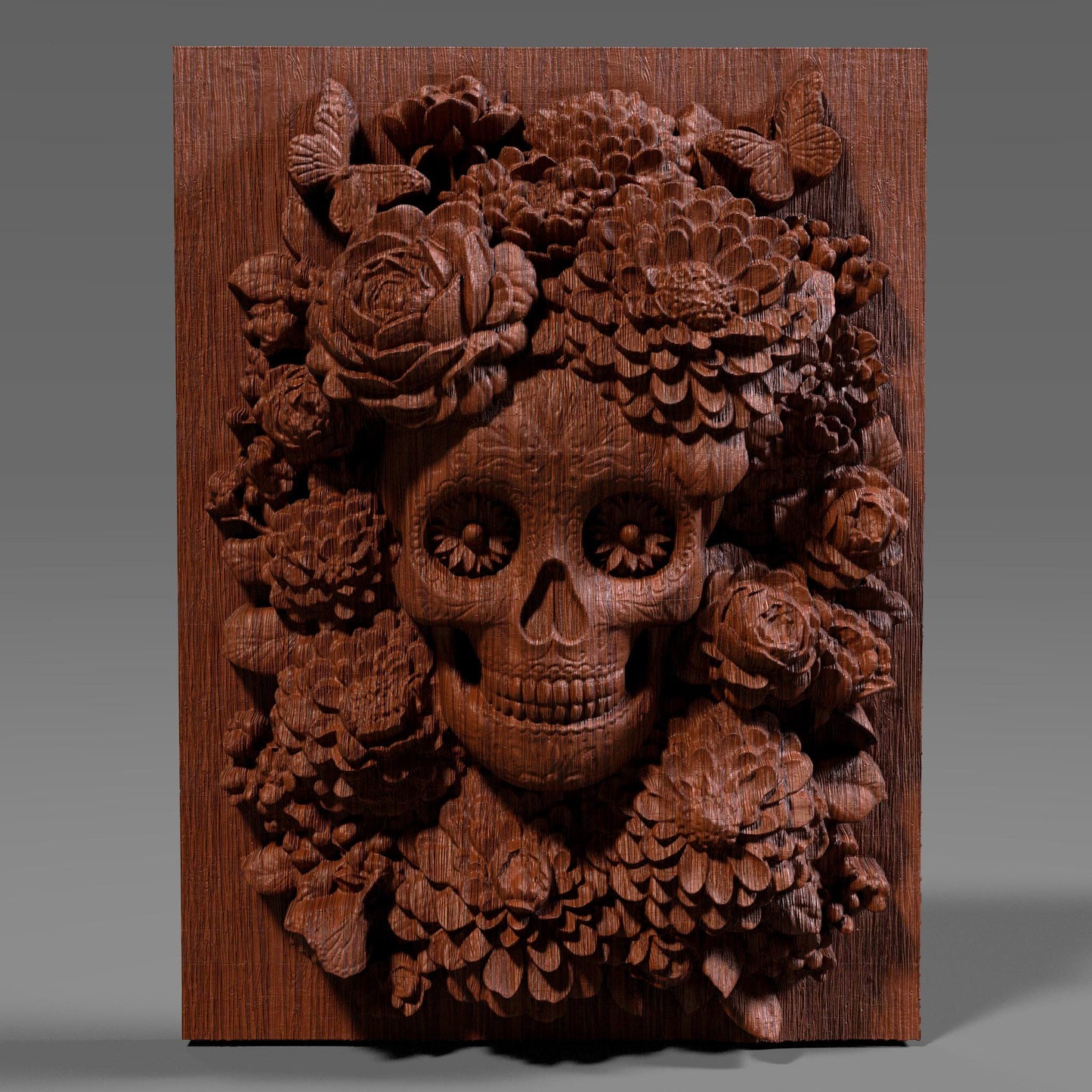 3D STL bas relief of a sugar skull surrounded by detailed flowers, a candle, and butterflies. Inspired by Día de los Muertos traditions, this artwork is ideal for CNC carving, laser engraving, and 3D printing. Perfect for altars, memorials, or themed wall art. Designed for wood, resin, or acrylic material. A vibrant and spiritual piece celebrating life and remembrance.