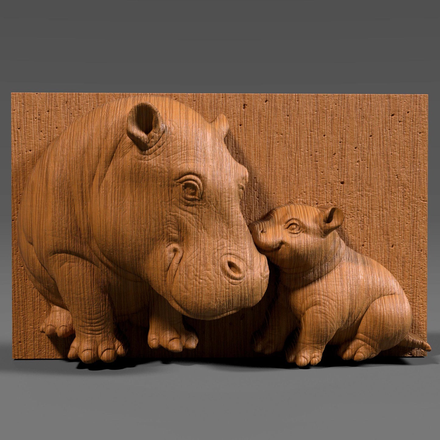 Charming 3D STL bas relief of a mother hippopotamus touching noses with her baby, symbolizing love and connection. Ideal for CNC carving, 3D printing, or laser engraving. Great for nursery decor, Mother’s Day gifts, or animal-themed art pieces. Suitable for wood, stone, resin, or acrylic. Downloadable and ready for production.