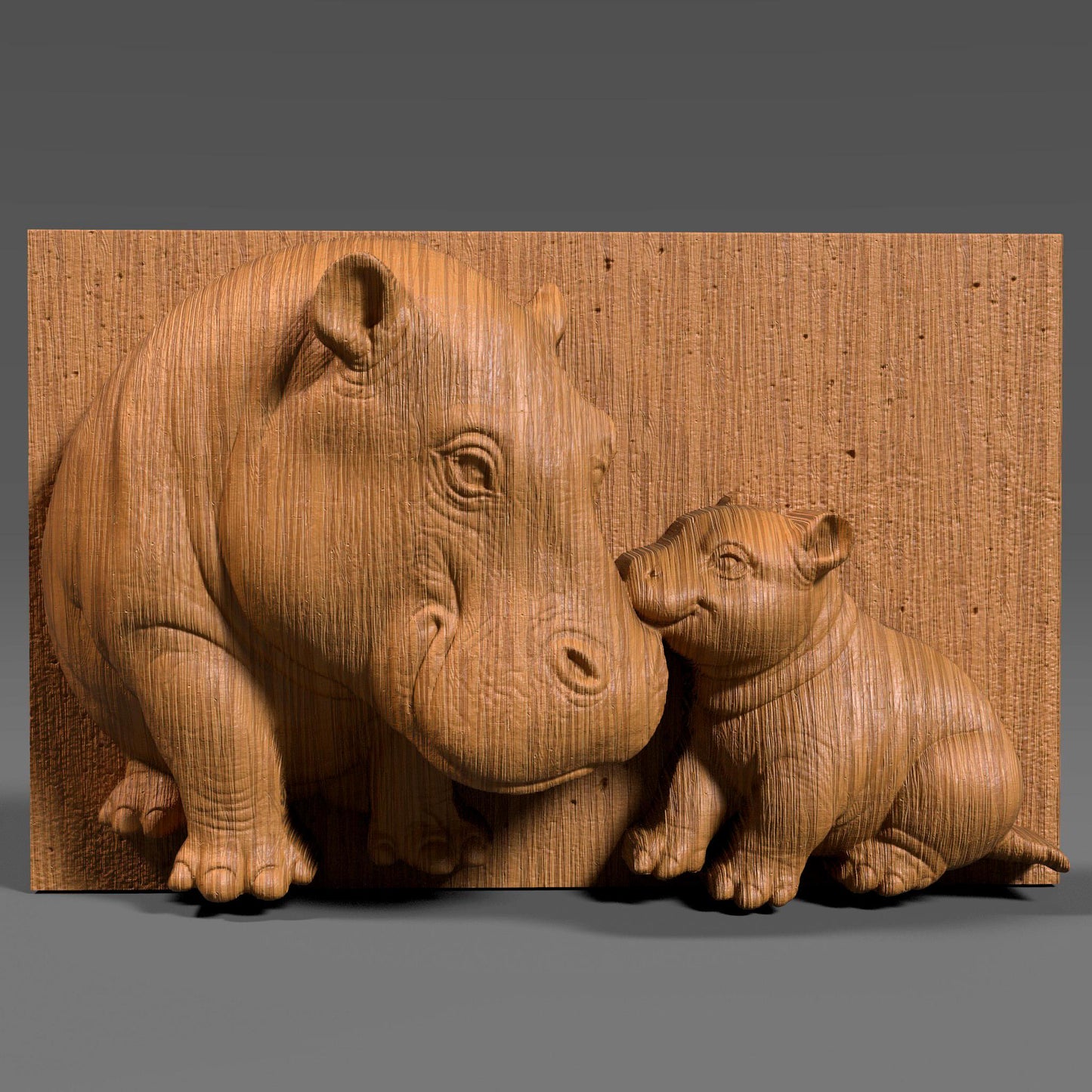 Charming 3D STL bas relief of a mother hippopotamus touching noses with her baby, symbolizing love and connection. Ideal for CNC carving, 3D printing, or laser engraving. Great for nursery decor, Mother’s Day gifts, or animal-themed art pieces. Suitable for wood, stone, resin, or acrylic. Downloadable and ready for production.