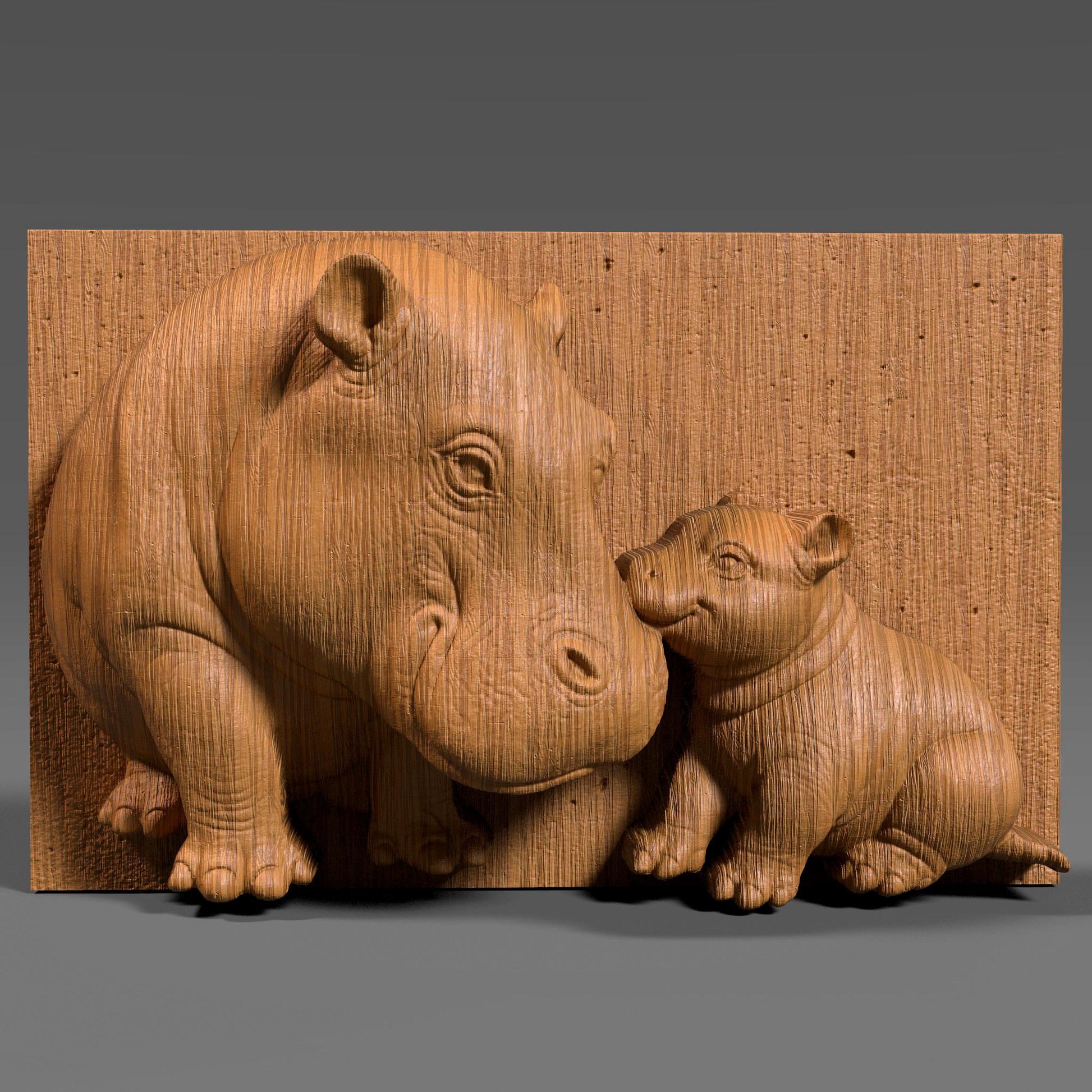 Charming 3D STL bas relief of a mother hippopotamus touching noses with her baby, symbolizing love and connection. Ideal for CNC carving, 3D printing, or laser engraving. Great for nursery decor, Mother’s Day gifts, or animal-themed art pieces. Suitable for wood, stone, resin, or acrylic. Downloadable and ready for production.