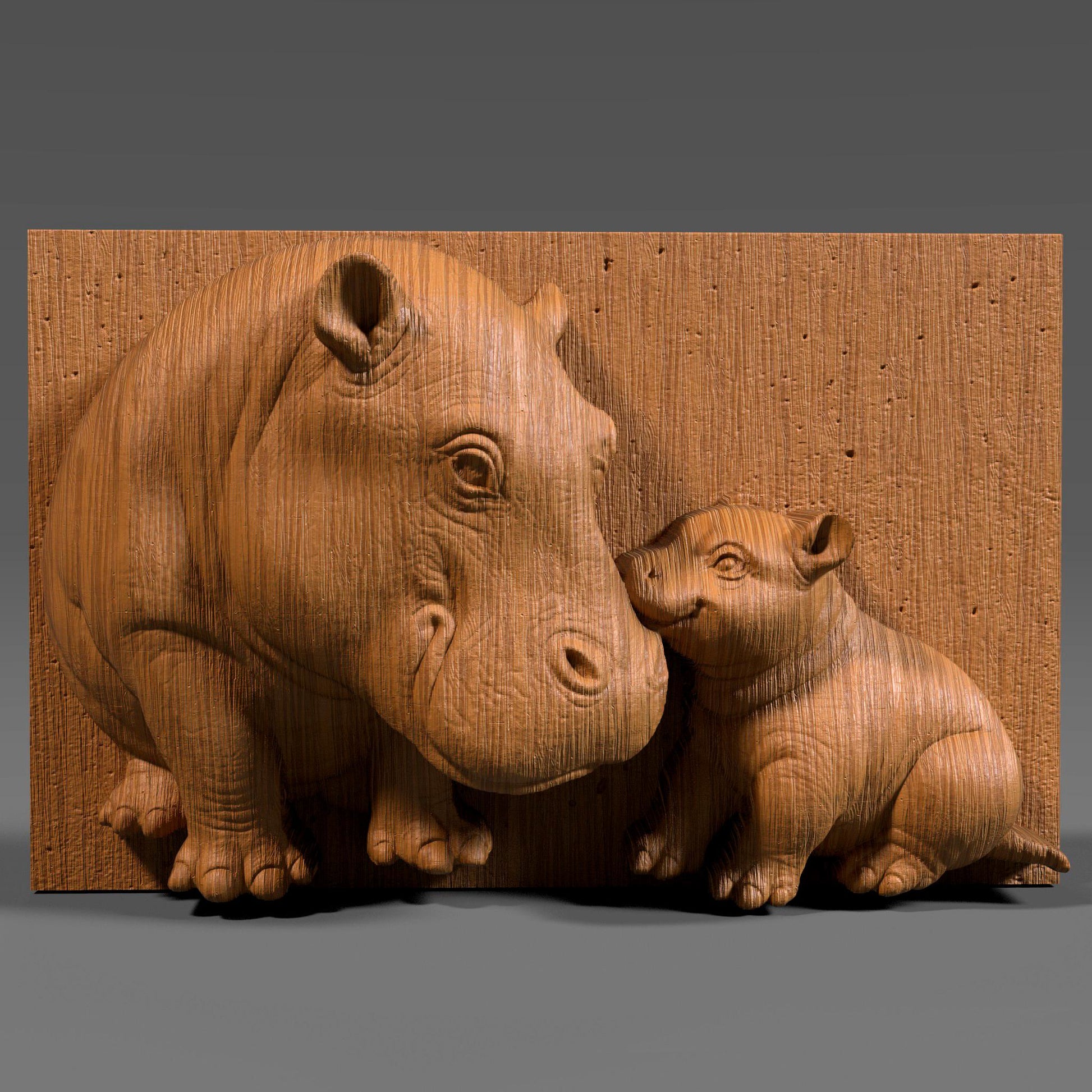 Charming 3D STL bas relief of a mother hippopotamus touching noses with her baby, symbolizing love and connection. Ideal for CNC carving, 3D printing, or laser engraving. Great for nursery decor, Mother’s Day gifts, or animal-themed art pieces. Suitable for wood, stone, resin, or acrylic. Downloadable and ready for production.