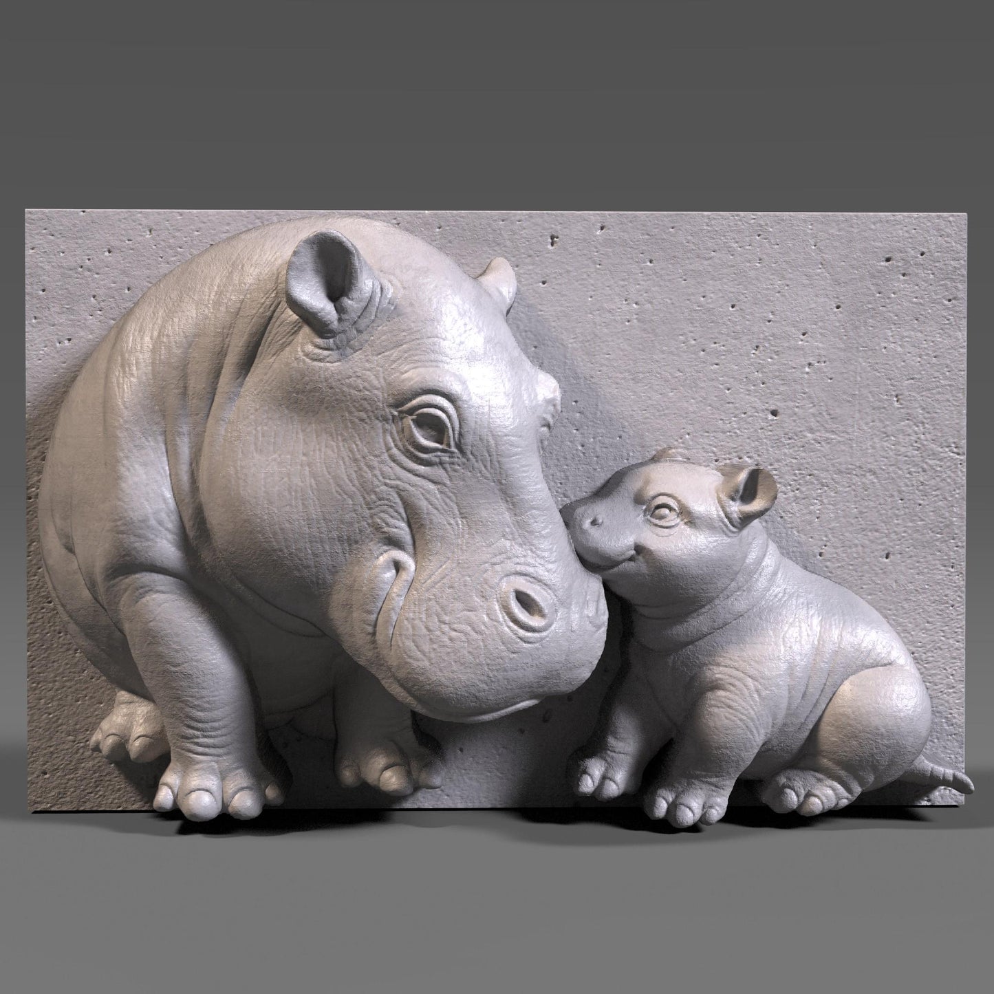 Charming 3D STL bas relief of a mother hippopotamus touching noses with her baby, symbolizing love and connection. Ideal for CNC carving, 3D printing, or laser engraving. Great for nursery decor, Mother’s Day gifts, or animal-themed art pieces. Suitable for wood, stone, resin, or acrylic. Downloadable and ready for production.