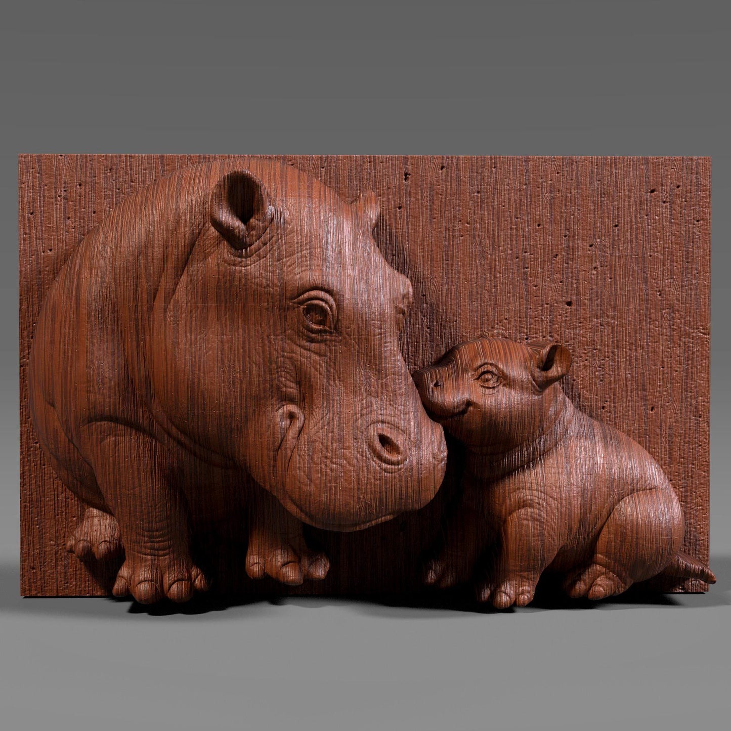 Charming 3D STL bas relief of a mother hippopotamus touching noses with her baby, symbolizing love and connection. Ideal for CNC carving, 3D printing, or laser engraving. Great for nursery decor, Mother’s Day gifts, or animal-themed art pieces. Suitable for wood, stone, resin, or acrylic. Downloadable and ready for production.