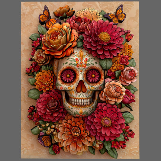 3D STL bas relief of a sugar skull surrounded by detailed flowers, a candle, and butterflies. Inspired by Día de los Muertos traditions, this artwork is ideal for CNC carving, laser engraving, and 3D printing. Perfect for altars, memorials, or themed wall art. Designed for wood, resin, or acrylic material. A vibrant and spiritual piece celebrating life and remembrance.