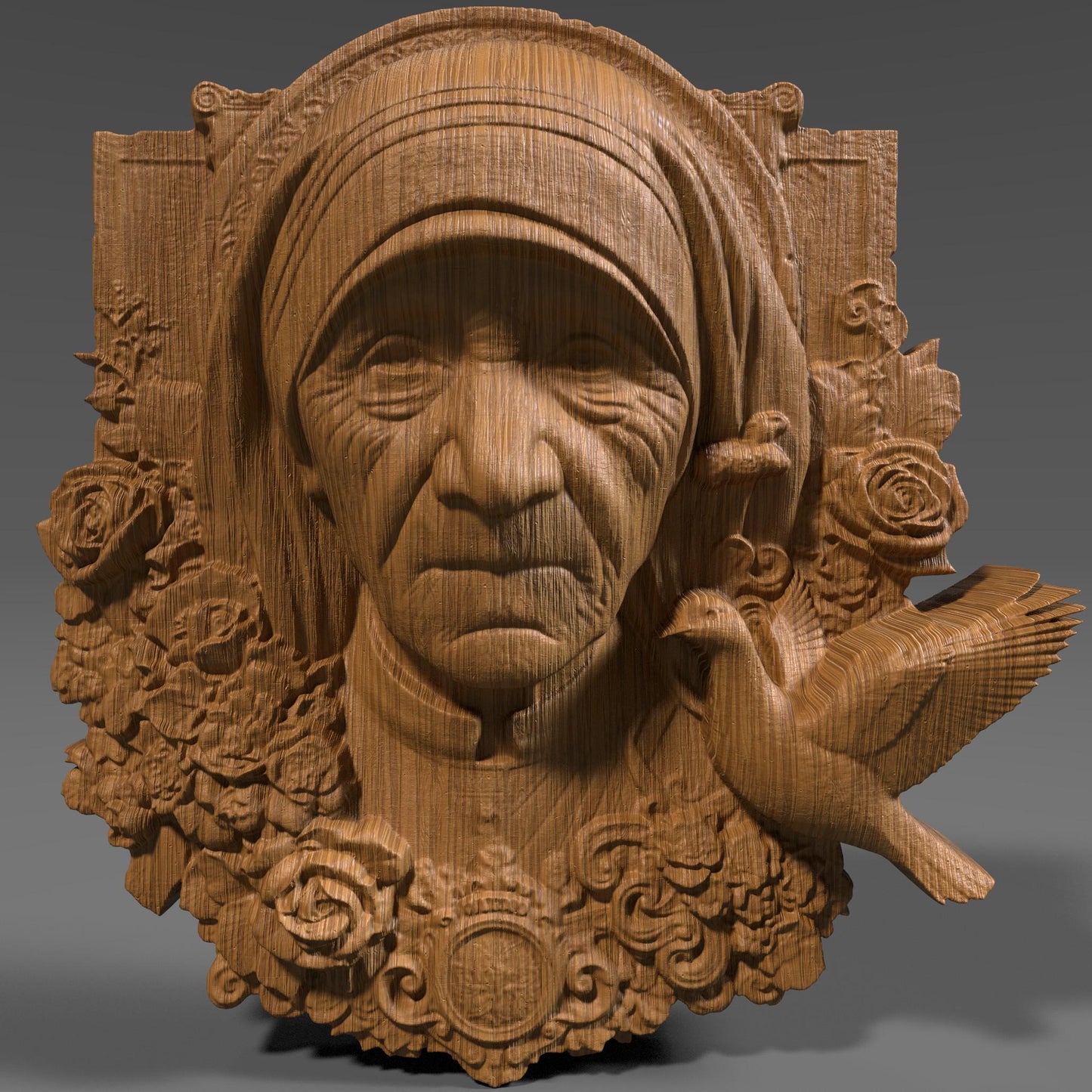 3D bas relief wood carving of Mother Teresa, featuring a highly detailed portrait with deep facial lines and gentle expression, surrounded by roses and decorative floral elements. A peaceful dove is perched near her shoulder, symbolizing peace and compassion. The intricate digital sculpture is suitable for CNC carving, laser engraving, or 3D printing, perfect for spiritual wall art or a meaningful Mother’s Day gift.
