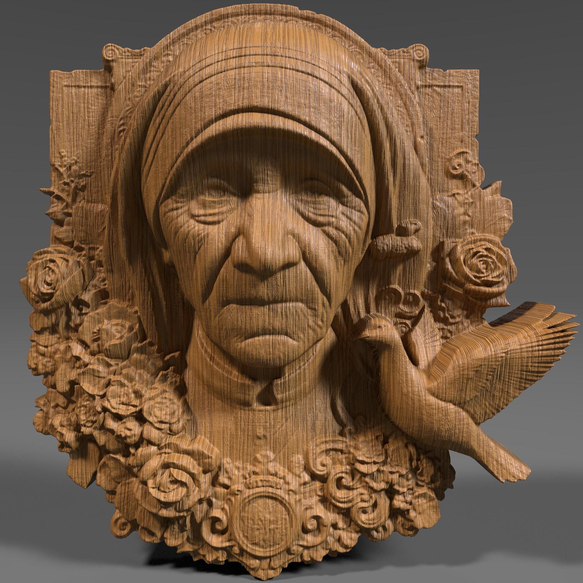 3D bas relief wood carving of Mother Teresa, featuring a highly detailed portrait with deep facial lines and gentle expression, surrounded by roses and decorative floral elements. A peaceful dove is perched near her shoulder, symbolizing peace and compassion. The intricate digital sculpture is suitable for CNC carving, laser engraving, or 3D printing, perfect for spiritual wall art or a meaningful Mother’s Day gift.