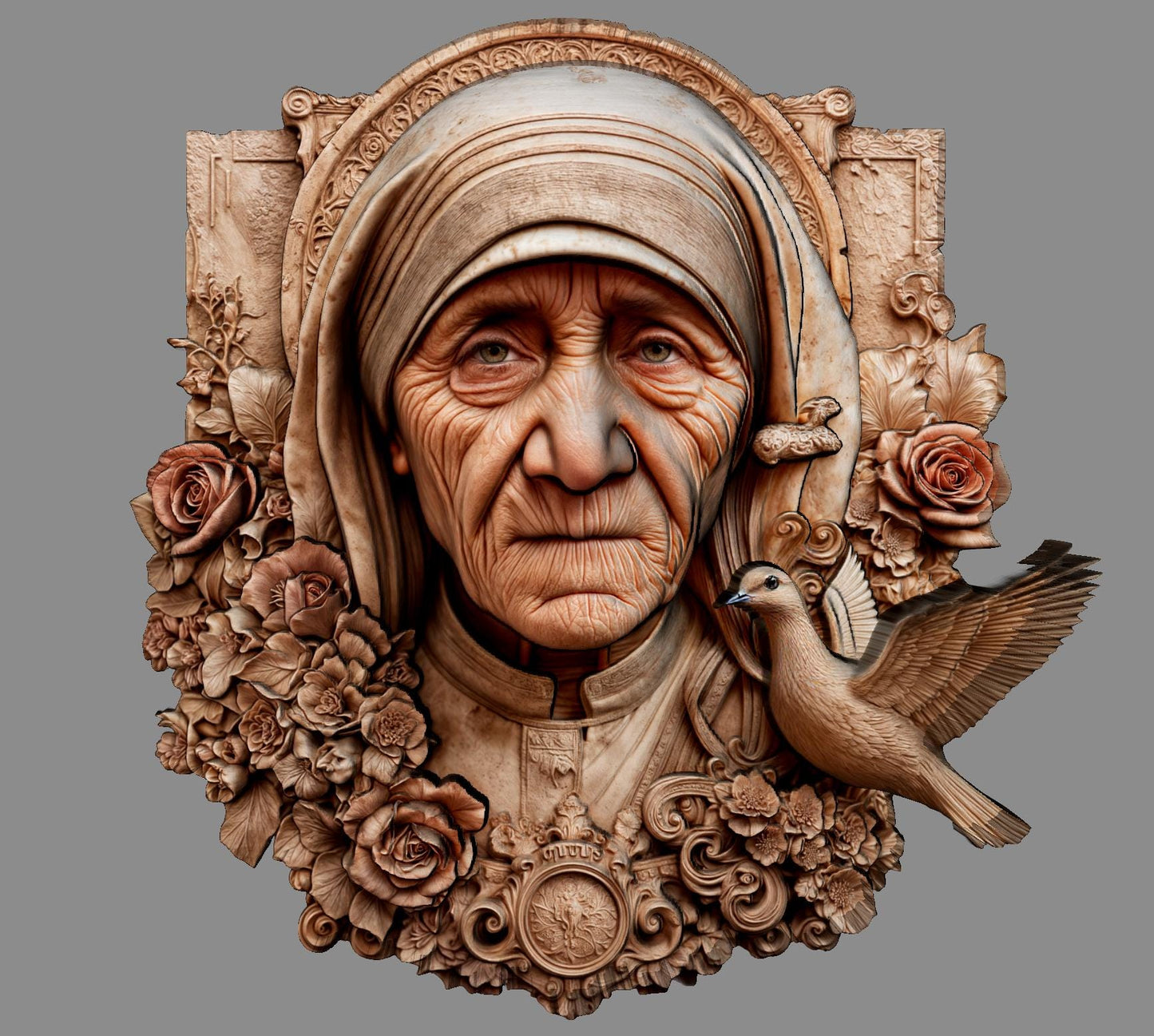 3D bas relief wood carving of Mother Teresa, featuring a highly detailed portrait with deep facial lines and gentle expression, surrounded by roses and decorative floral elements. A peaceful dove is perched near her shoulder, symbolizing peace and compassion. The intricate digital sculpture is suitable for CNC carving, laser engraving, or 3D printing, perfect for spiritual wall art or a meaningful Mother’s Day gift.