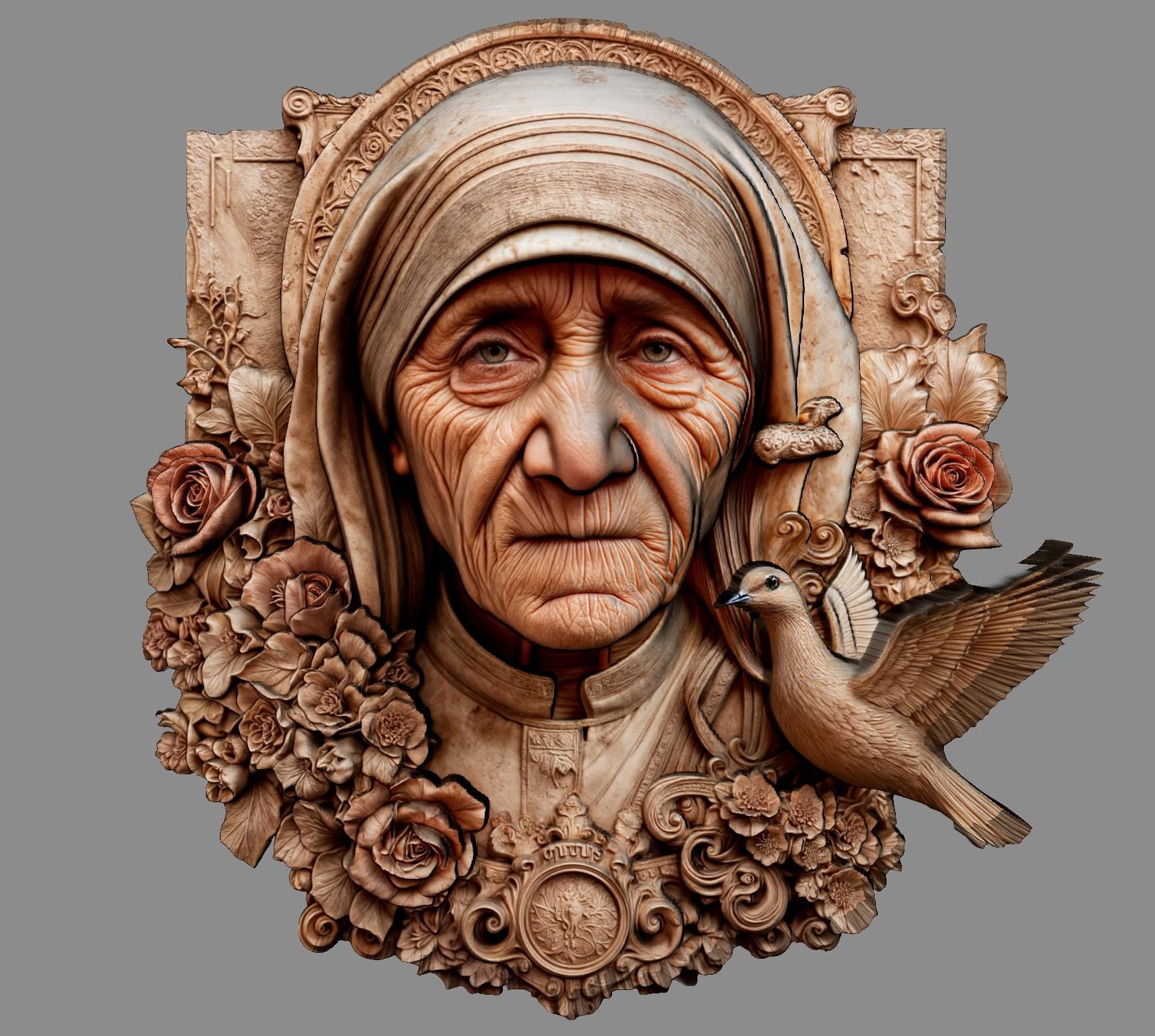 3D bas relief wood carving of Mother Teresa, featuring a highly detailed portrait with deep facial lines and gentle expression, surrounded by roses and decorative floral elements. A peaceful dove is perched near her shoulder, symbolizing peace and compassion. The intricate digital sculpture is suitable for CNC carving, laser engraving, or 3D printing, perfect for spiritual wall art or a meaningful Mother’s Day gift.