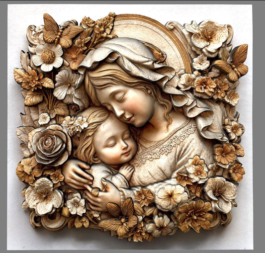 Mother and child 3D relief model showing a tender hug, symbolizing love, peace, and maternal care. Ideal for Mother’s Day gifts or religious decor, this STL digital file is perfect for CNC wood carving, 3D printing, and laser engraving. The design includes floral details and a flowing composition that works well on wood, resin, or stone. Great for wall art, keepsakes, or personalized gifts. A meaningful carving for home decor, religious art lovers, or heartfelt custom projects.