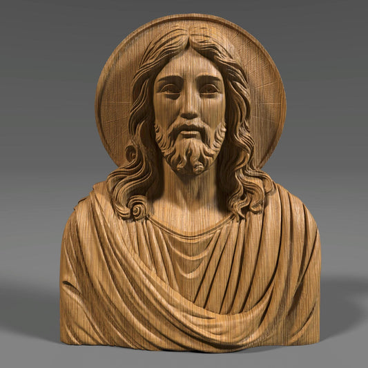 Highly detailed 3D STL relief model of Jesus Christ, designed for CNC wood carving, laser engraving, and 3D printing. This digital download features intricate sculpting with realistic facial details, flowing hair, and a serene expression. The halo behind adds a divine touch, making it ideal for religious decor, Christian gifts, and Easter wall art. Perfect for artisans, woodworkers, and makers creating custom faith-based crafts, wooden sculptures, or church decorations