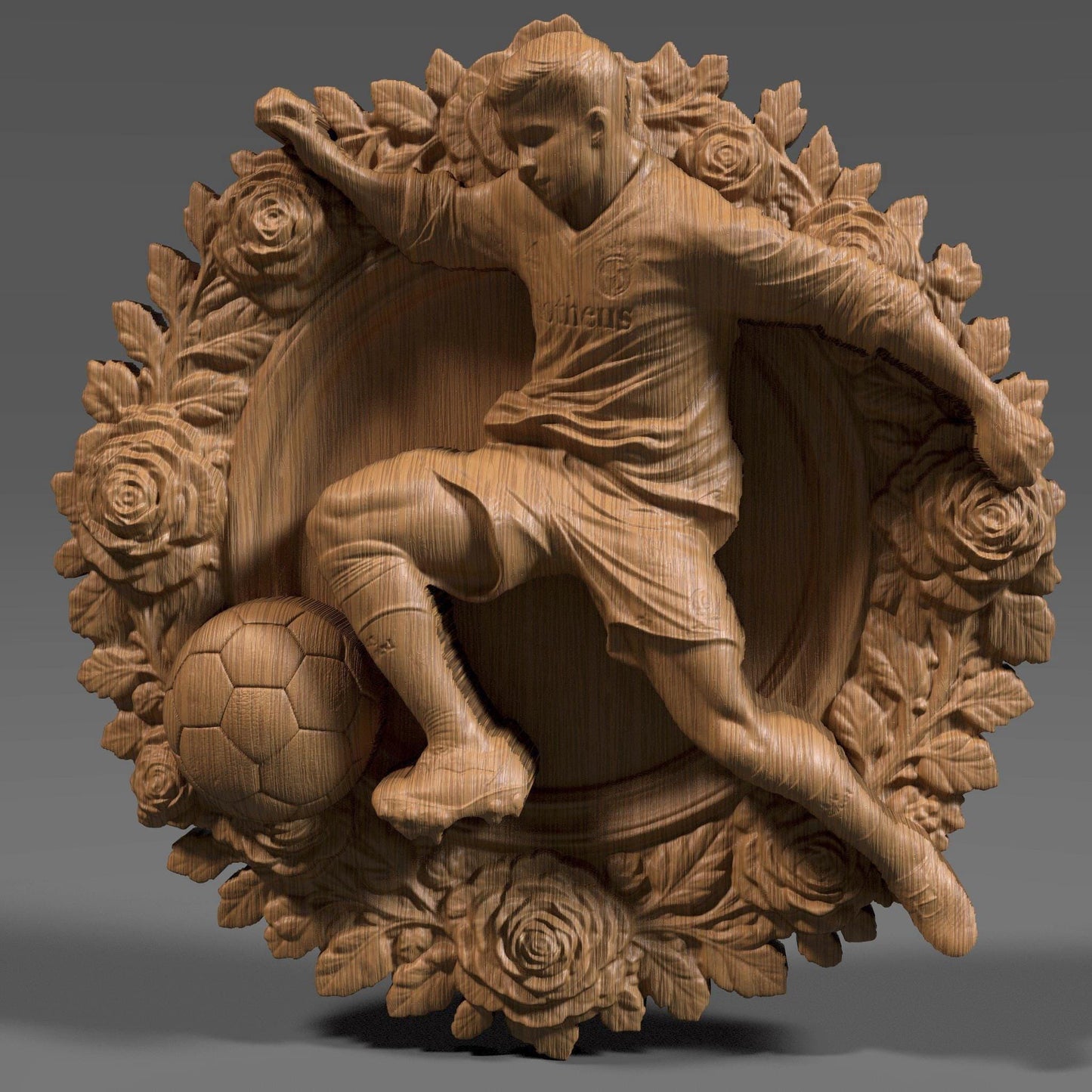 3D bas relief artwork of a dynamic male soccer player performing a powerful kick, surrounded by an ornate circular floral wreath. The athlete wears a jersey with the number 19 and is depicted mid-action with intense focus, about to strike a classic paneled soccer ball. The sculpted frame features detailed roses, leaves, and natural elements, all rendered in a carved wood finish. Ideal for CNC carving, laser engraving, or sports-themed wall decor.