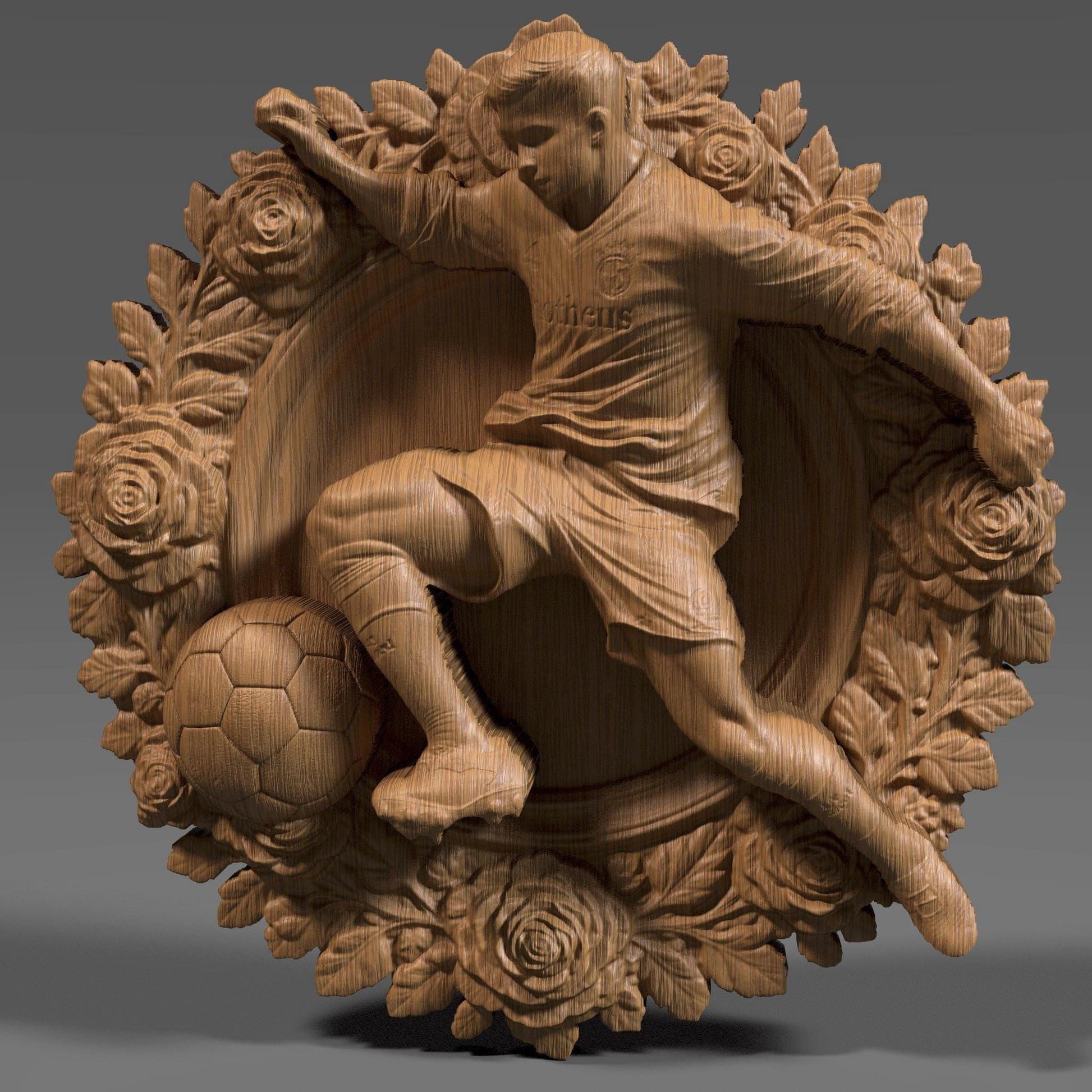 3D bas relief artwork of a dynamic male soccer player performing a powerful kick, surrounded by an ornate circular floral wreath. The athlete wears a jersey with the number 19 and is depicted mid-action with intense focus, about to strike a classic paneled soccer ball. The sculpted frame features detailed roses, leaves, and natural elements, all rendered in a carved wood finish. Ideal for CNC carving, laser engraving, or sports-themed wall decor.