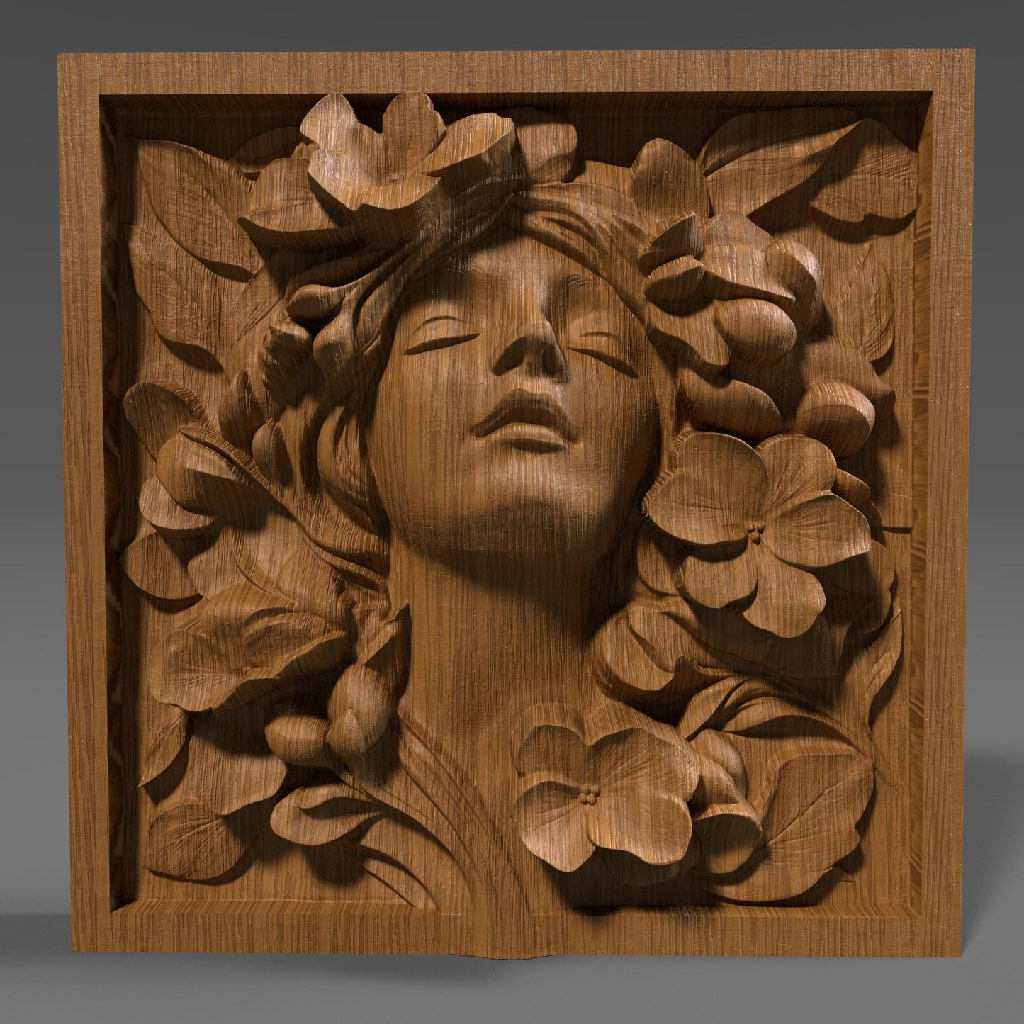 A beautifully detailed 3D bas relief carving of a serene female face surrounded by large blooming flowers and lush leaves. Her eyes are closed and lips slightly parted, giving a peaceful, almost meditative expression. The floral arrangement frames her face harmoniously, enhancing the elegance and calmness of the composition. This relief art is ideal for CNC wood carving or laser engraving, capturing both natural beauty and tranquility in a timeless decorative panel.
