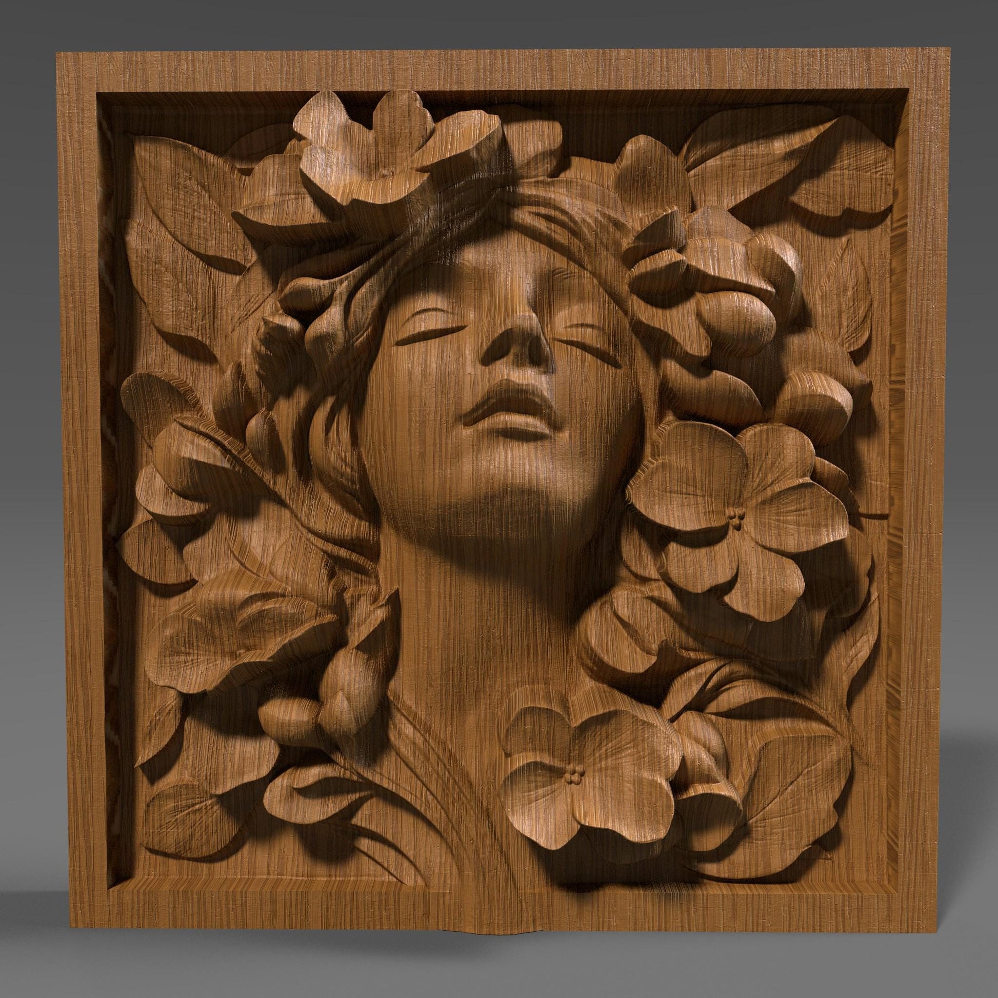 A beautifully detailed 3D bas relief carving of a serene female face surrounded by large blooming flowers and lush leaves. Her eyes are closed and lips slightly parted, giving a peaceful, almost meditative expression. The floral arrangement frames her face harmoniously, enhancing the elegance and calmness of the composition. This relief art is ideal for CNC wood carving or laser engraving, capturing both natural beauty and tranquility in a timeless decorative panel.