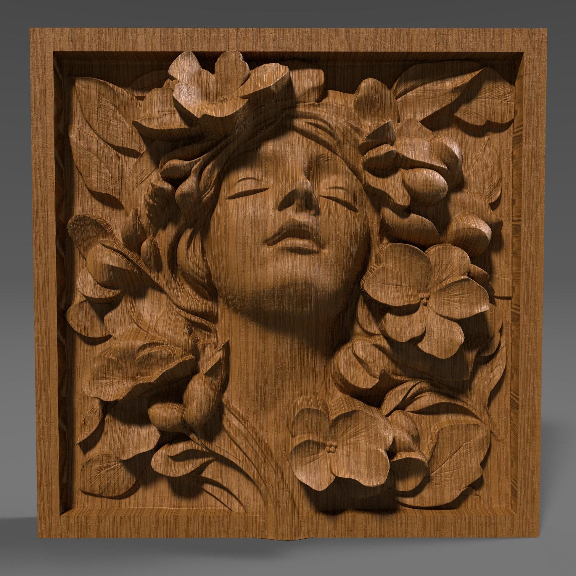 A beautifully detailed 3D bas relief carving of a serene female face surrounded by large blooming flowers and lush leaves. Her eyes are closed and lips slightly parted, giving a peaceful, almost meditative expression. The floral arrangement frames her face harmoniously, enhancing the elegance and calmness of the composition. This relief art is ideal for CNC wood carving or laser engraving, capturing both natural beauty and tranquility in a timeless decorative panel.