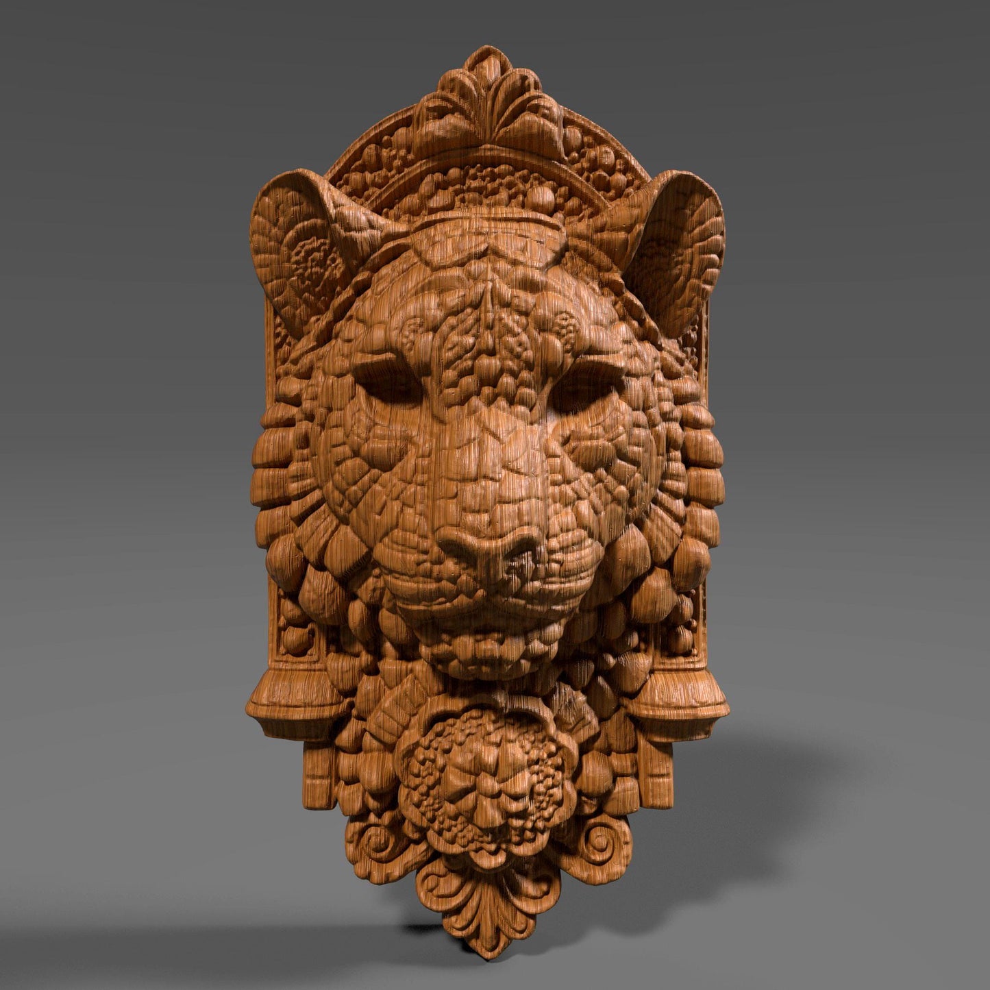3D bas relief wood and stone carving of a highly detailed tiger head with ornate decorations, symmetrical tribal-style textures, and intricate patterns around the face. The carving features floral and geometric embellishments, all rendered in a vertical plaque format, ideal for CNC machining, laser engraving, or 3D printing.